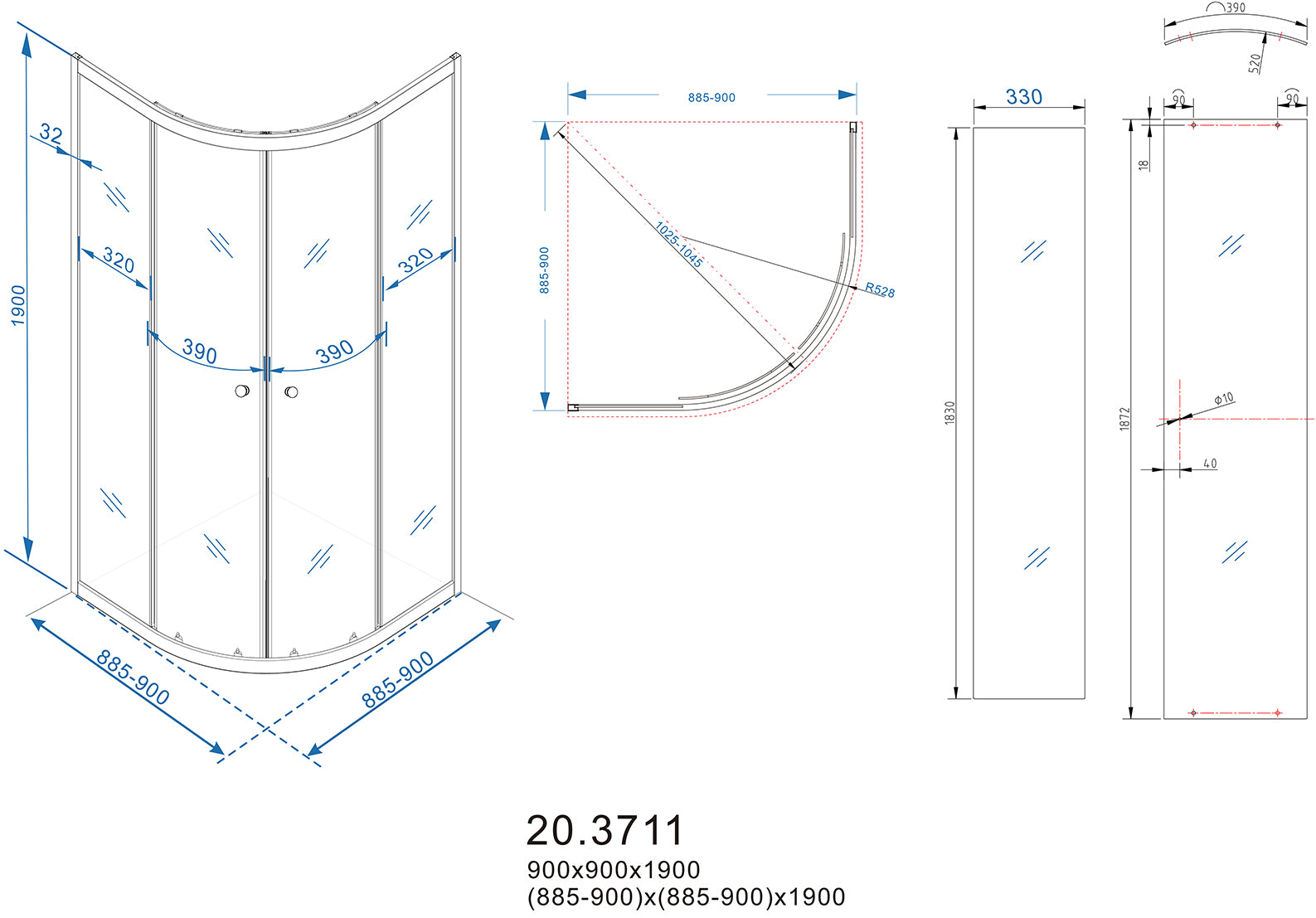Maattekening Eco kwartronde cabine met twee schuifdeuren 900 x 900 x 1900 x 5 mm nano helder glas/chroom