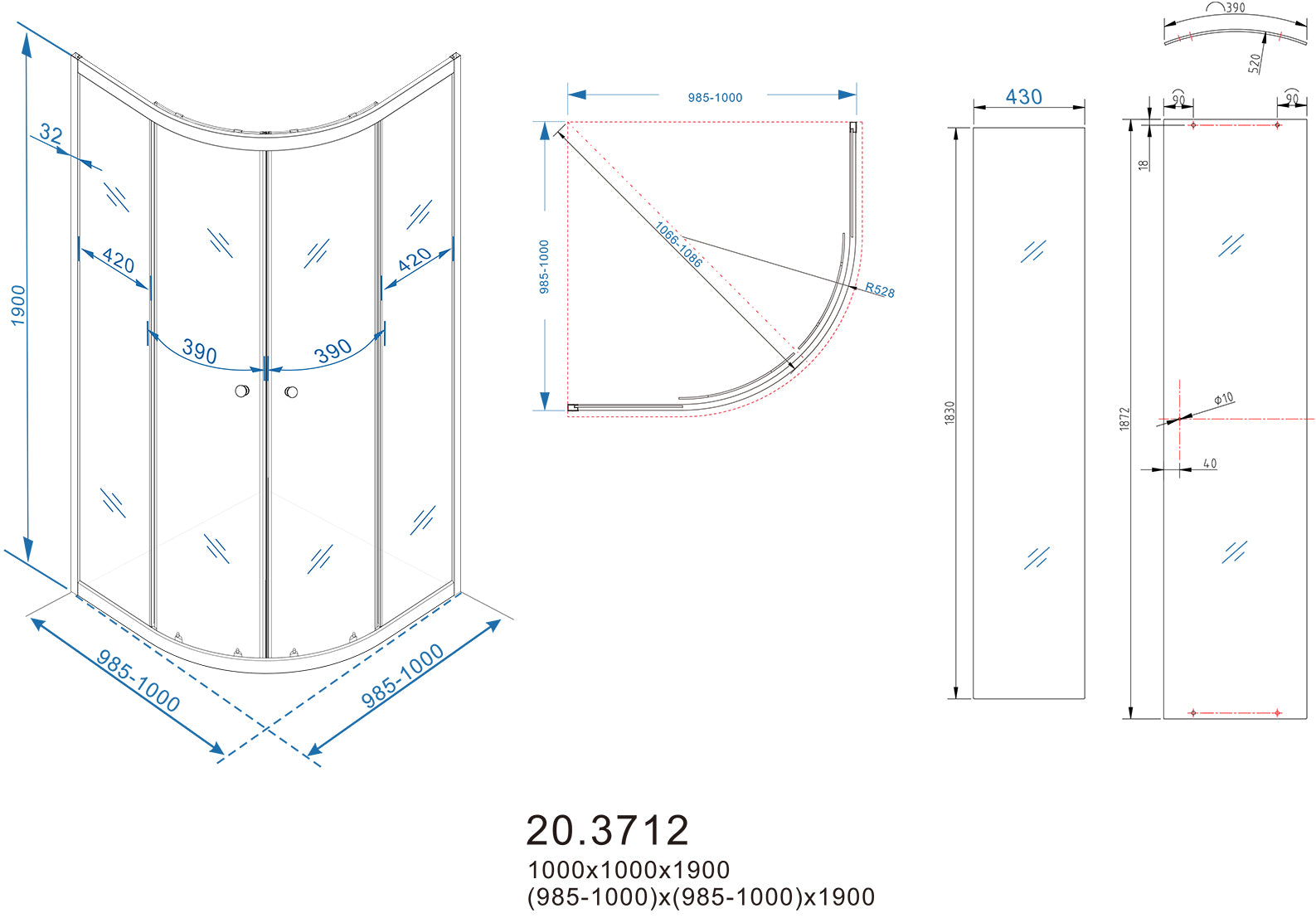 Maattekening Eco kwartronde cabine met twee schuifdeuren 1000 x 1000 x 1900 x 5 mm nano helder glas/chroom