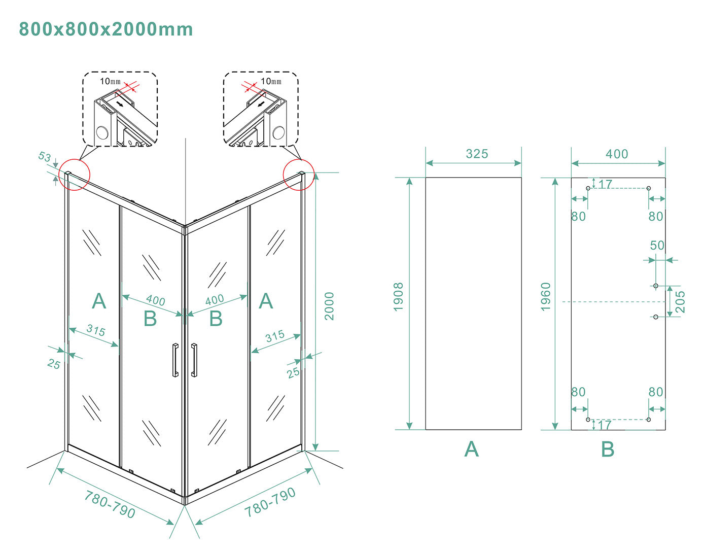 Maattekening Wiesbaden Skyline hoekinstap cabine met 2 schuifdeuren 800 x 800 x 2000 x 8 mm nano helder glas/mat zwart