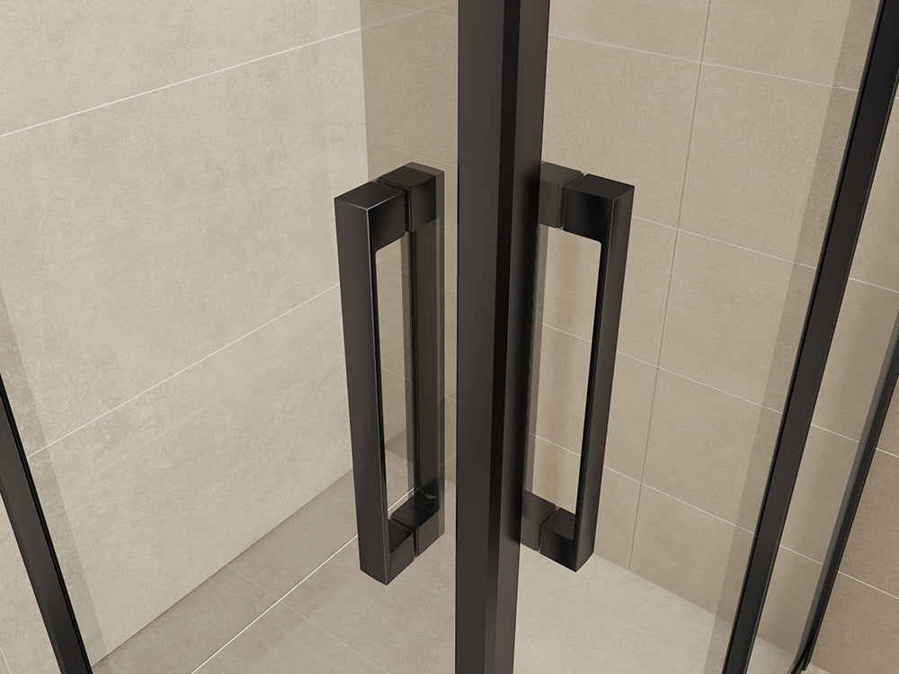 Wiesbaden Skyline hoekinstap cabine met 2 schuifdeuren 900 x 900 x 2000 x 8 mm nano helder glas/mat zwart