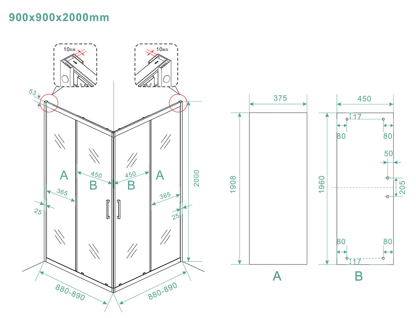 Maattekening Wiesbaden Skyline hoekinstap cabine met 2 schuifdeuren 900 x 900 x 2000 x 8 mm nano helder glas/mat zwart