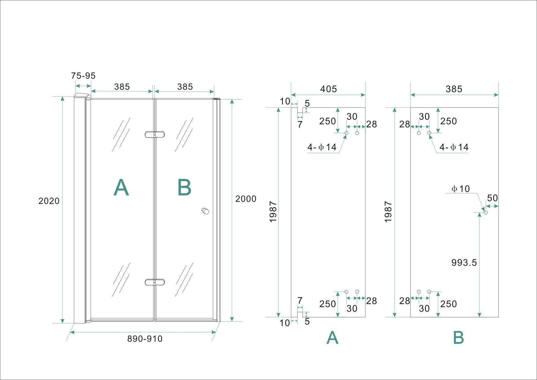 Maattekening Wiesbaden Maki nisdeur vouwbaar links 900 x 2000 x 8 mm nano helder glas/chroom