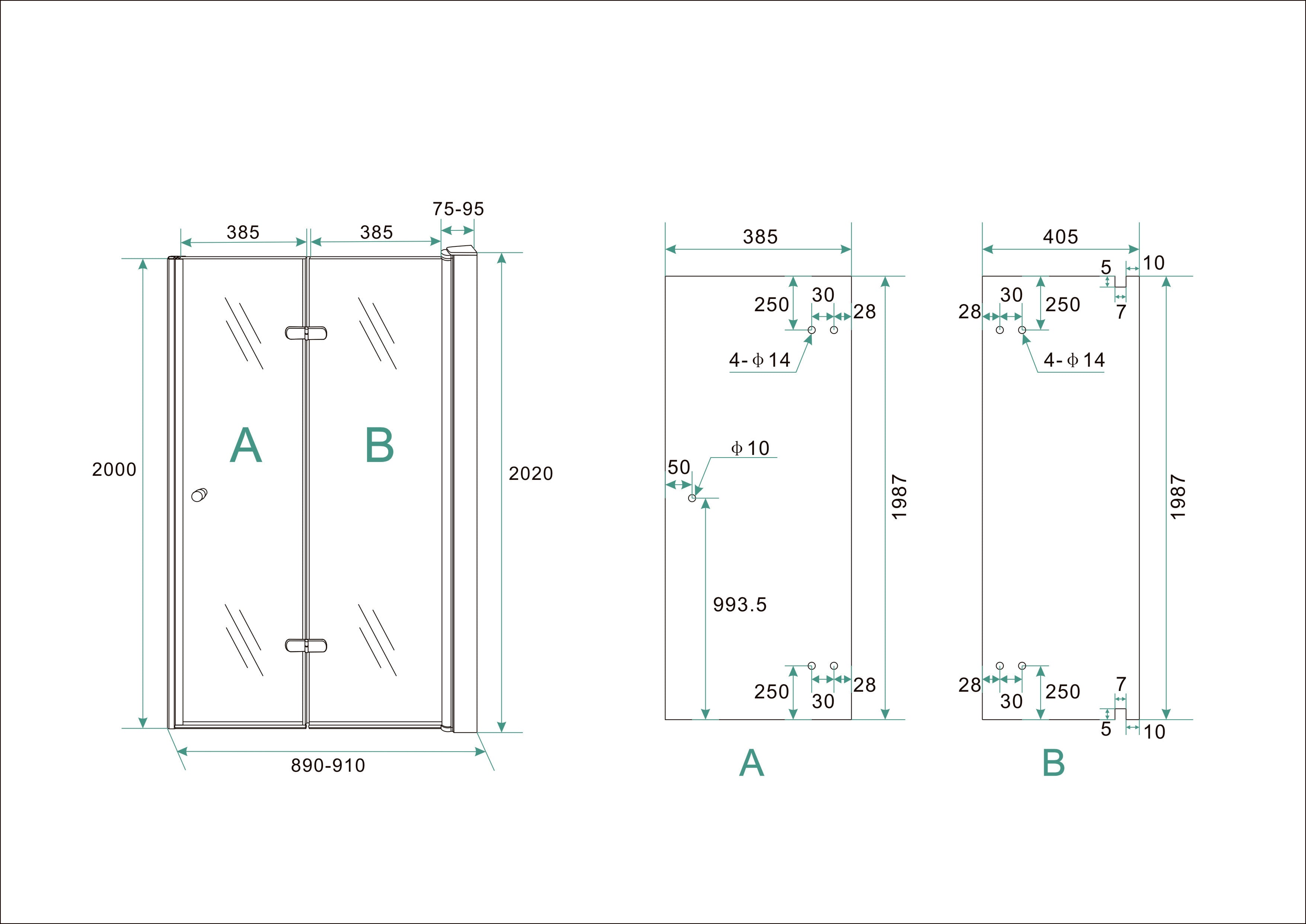 Maattekening Wiesbaden Maki nisdeur vouwbaar rechts 900 x 2000 x 8 mm nano helder glas/chroom