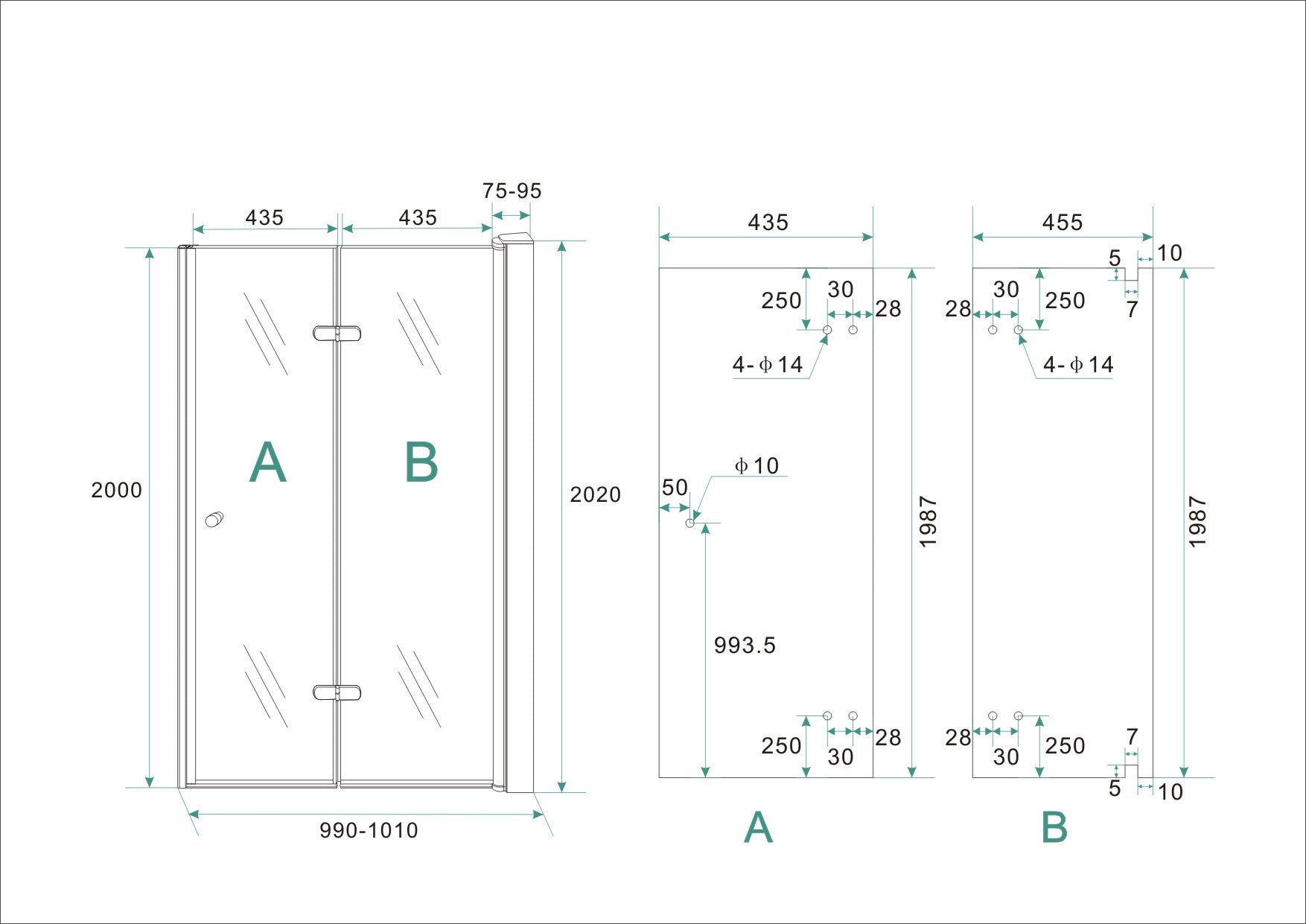 Maattekening Wiesbaden Maki nisdeur vouwbaar rechts 1000 x 2000 x 8 mm nano helder glas/chroom