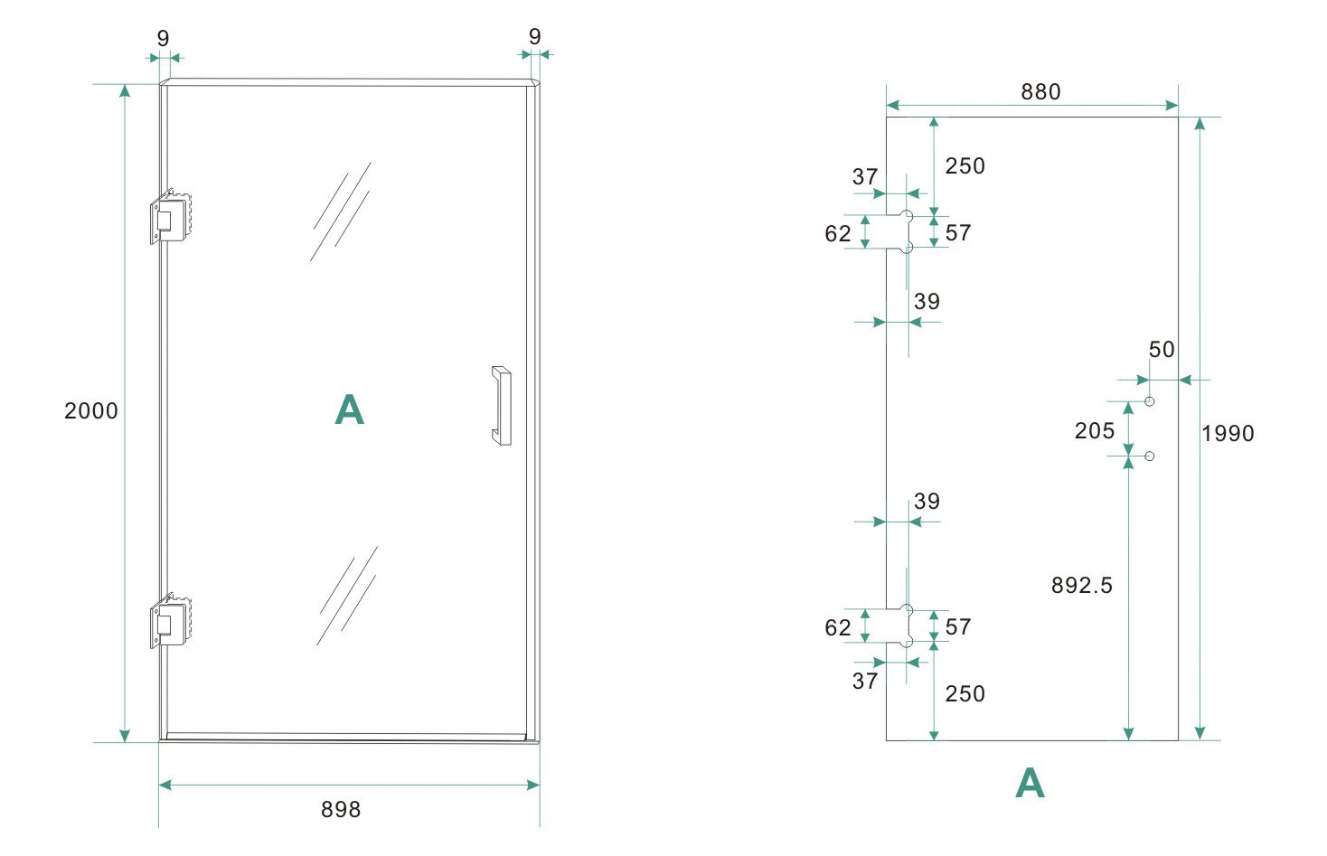 Maattekening Wiesbaden Less glas voor nisdeur 900 x 2000 x 8 mm nano rookglas
