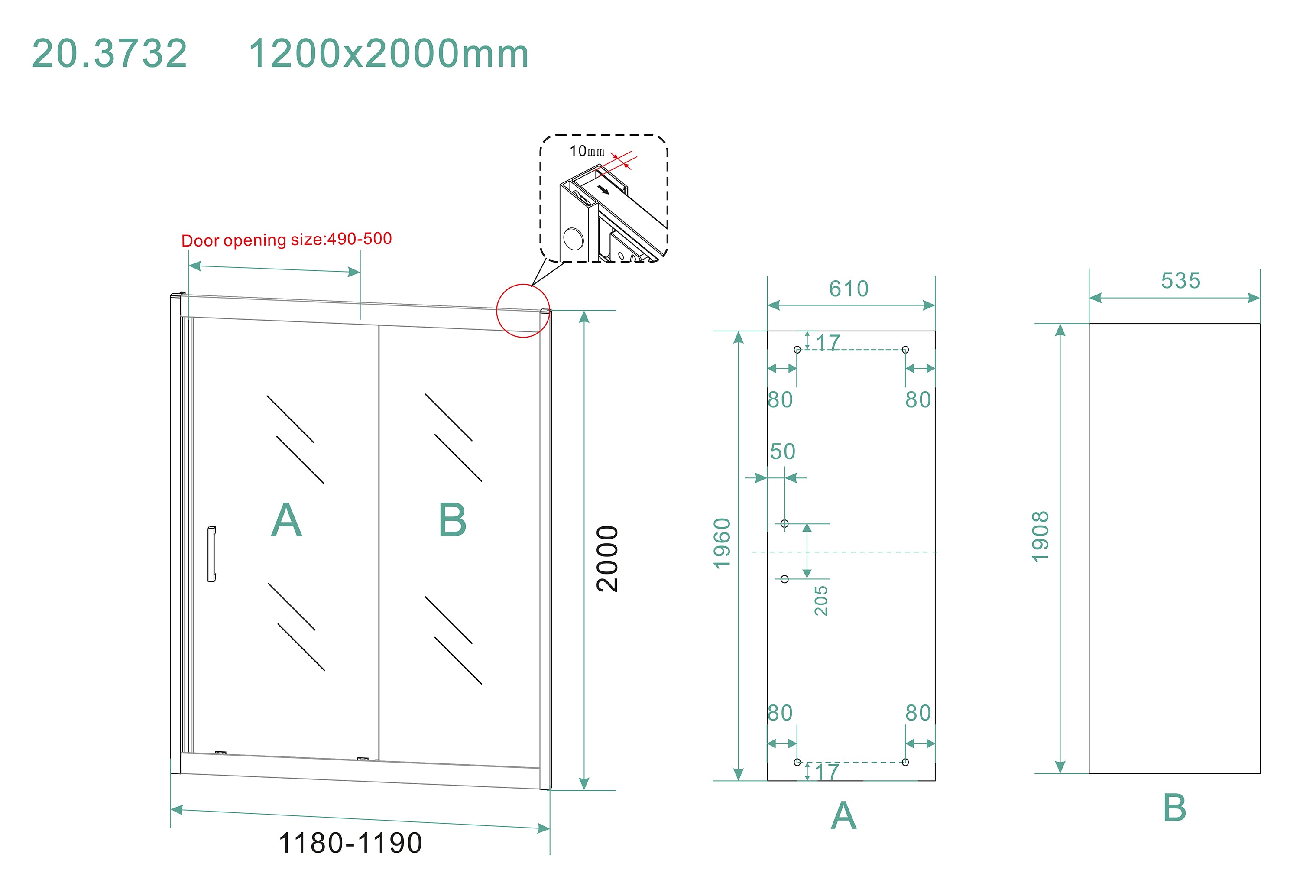 Maattekening Wiesbaden Skyline nis schuifdeur 1200 x 2000 x 8 mm nano helder glas/mat zwart