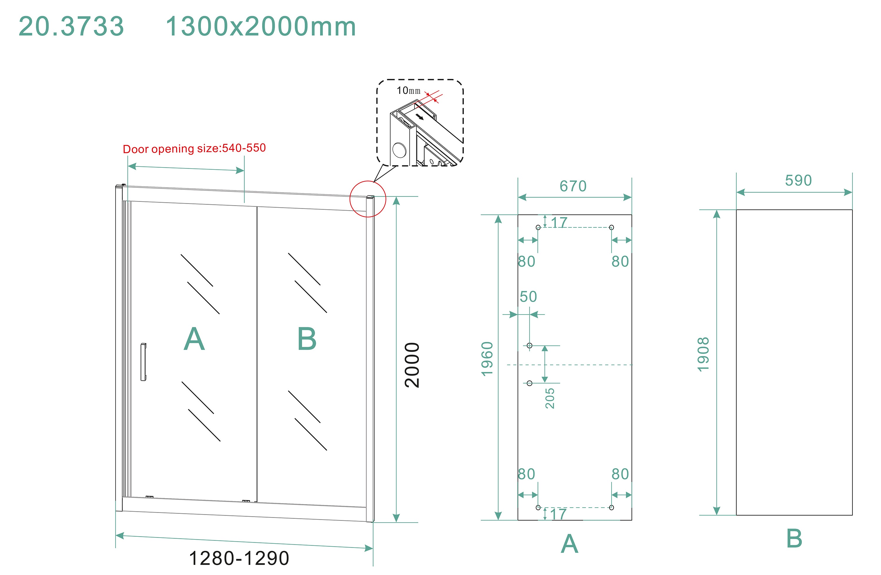 Maattekening Wiesbaden Skyline nis schuifdeur 1300 x 2000 x 8 mm nano helder glas/mat zwart