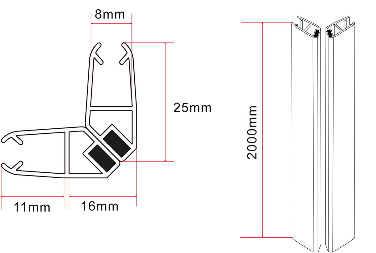 Set magneetstrip 8mm voor Skyline cabine zwart - maattekening