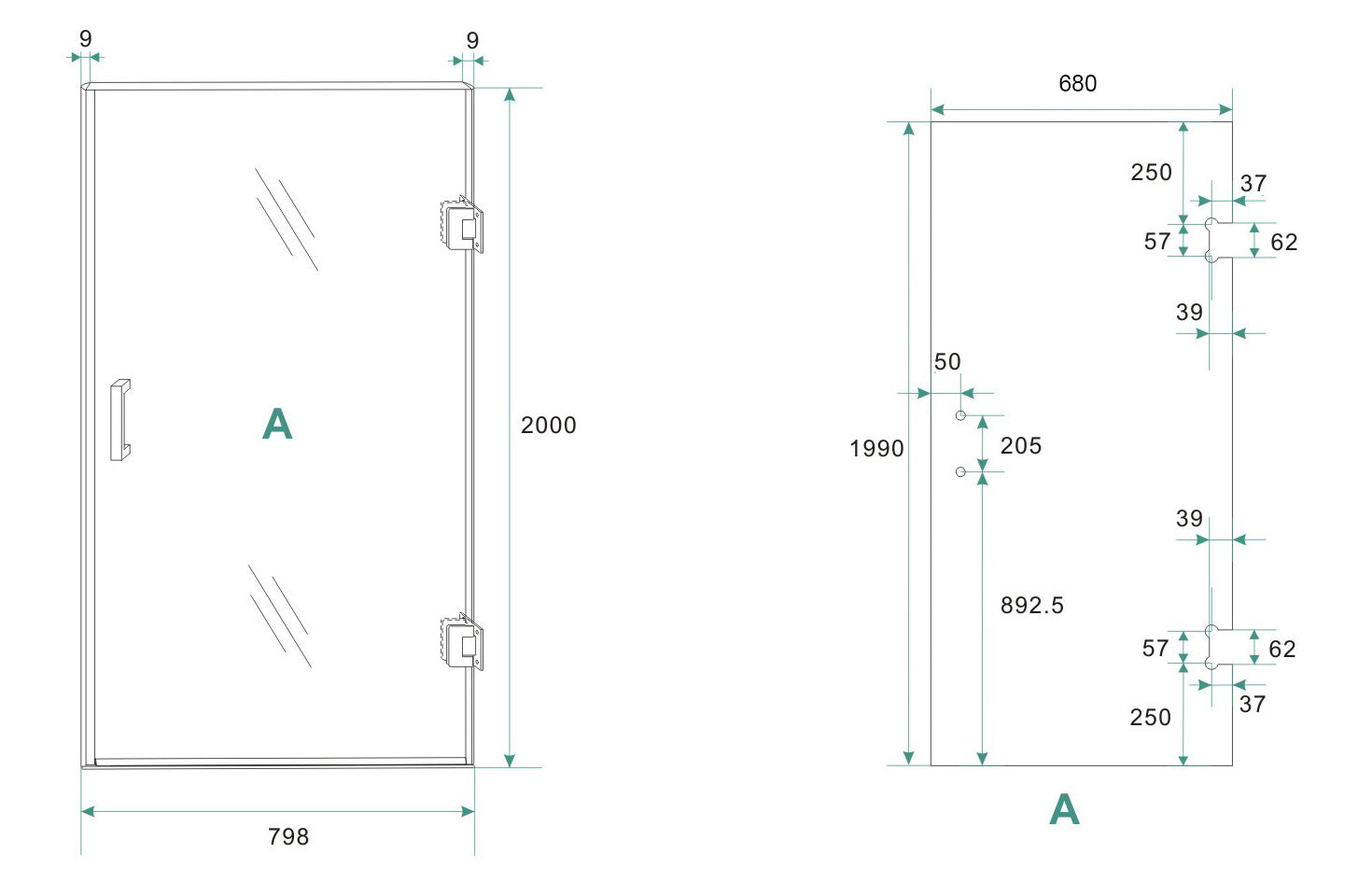 Maattekening Wiesbaden Less glas voor nisdeur rechts 700 x 2000 x 8 mm nano spiegelrook- naar helder glas