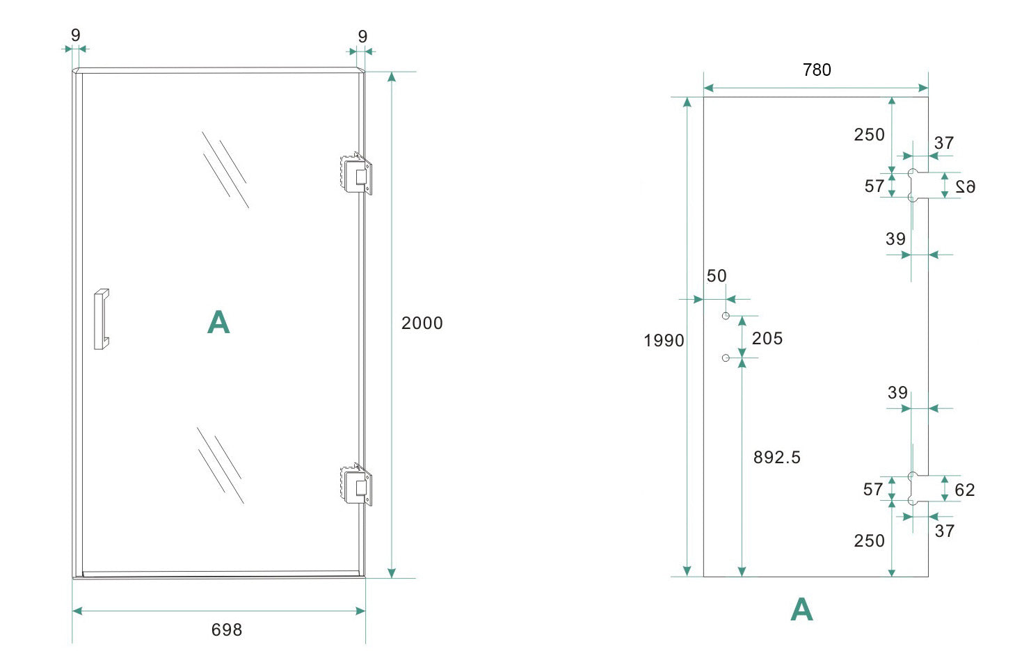 Maattekening Wiesbaden Less glas voor nisdeur rechts 800 x 2000 x 8 mm nano spiegelrook- naar helder glas
