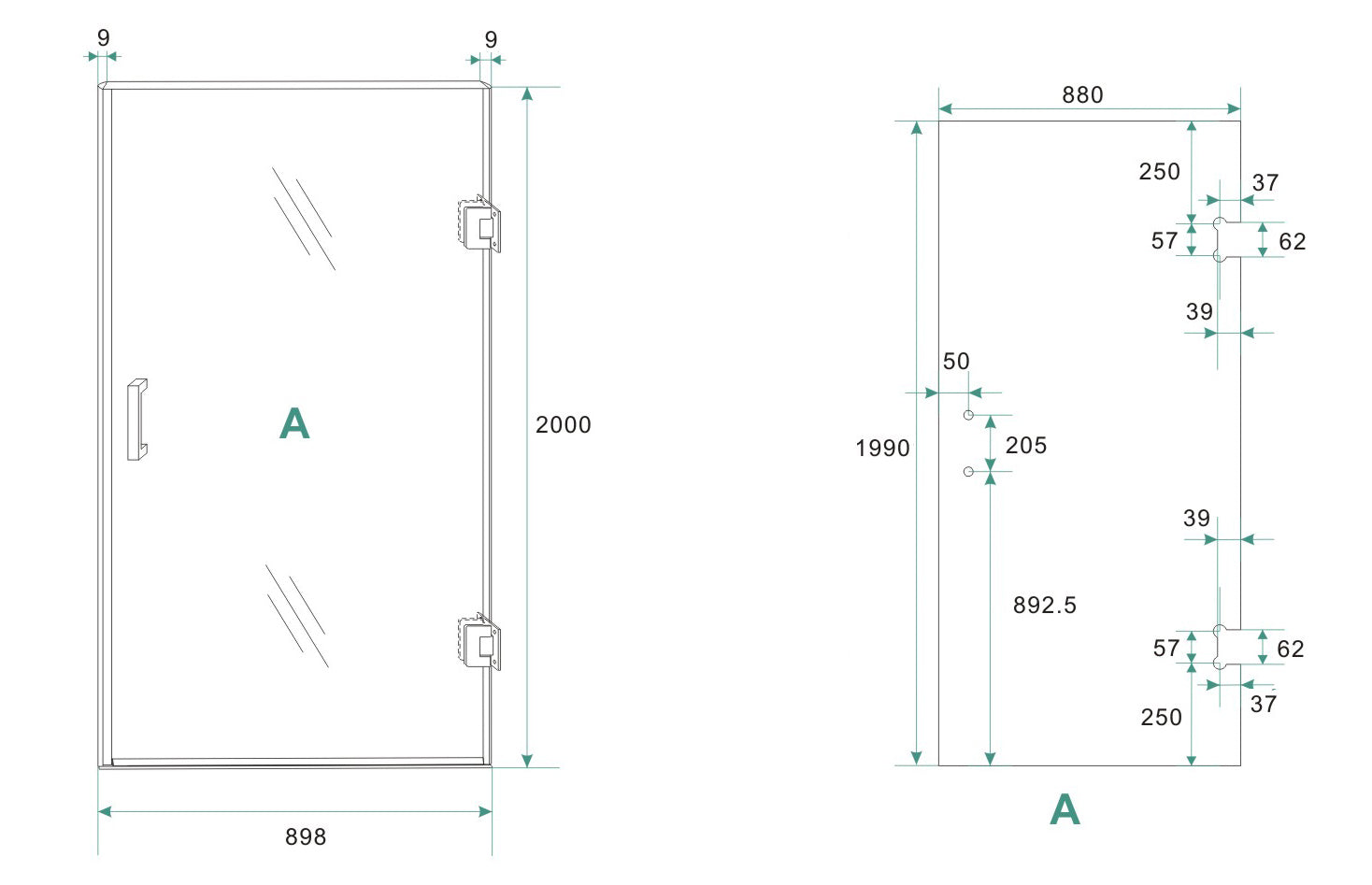 Maattekening Wiesbaden Less glas voor nisdeur rechts 900 x 2000 x 8 mm nano spiegelrook- naar helder glas