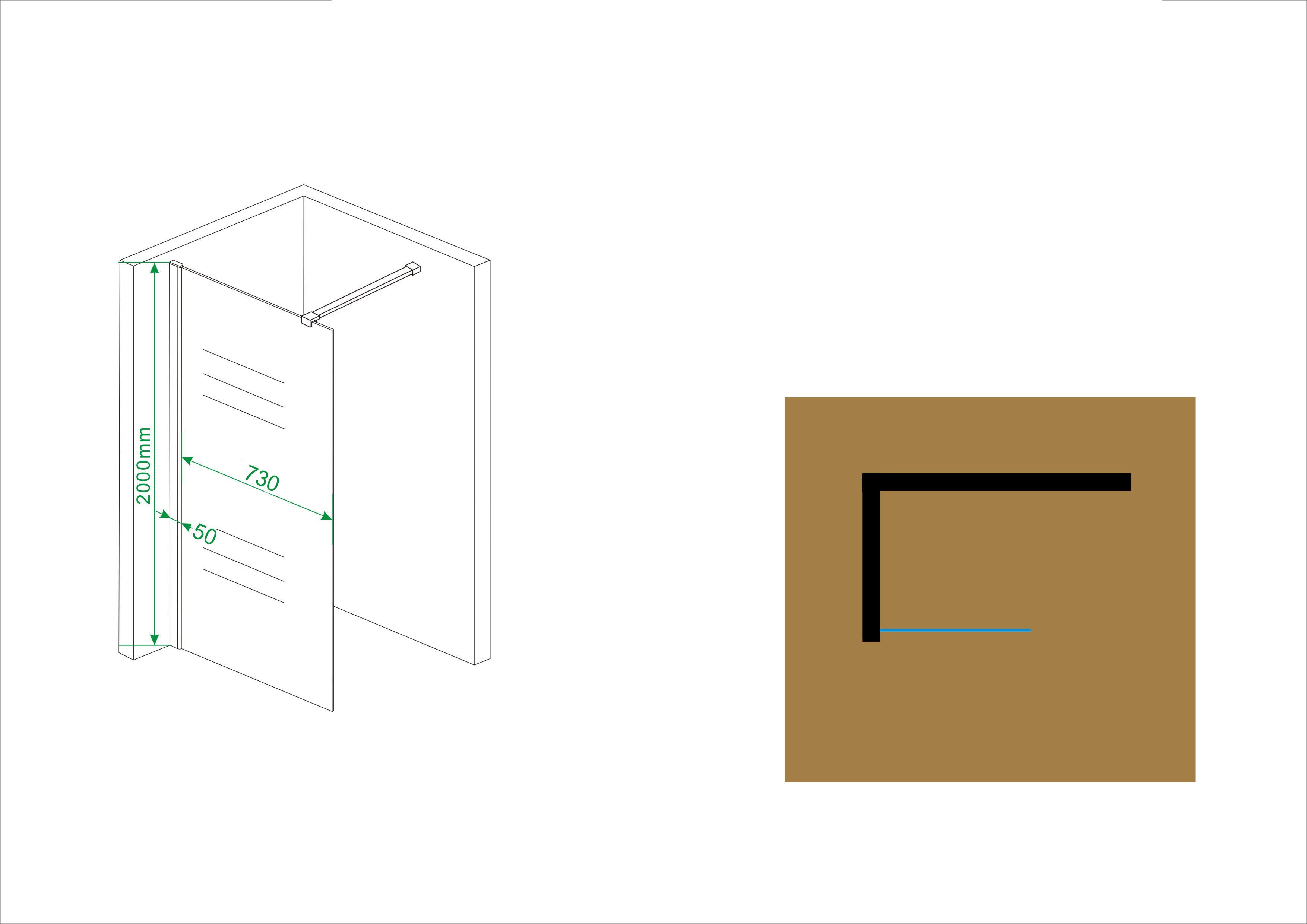 Maattekening Wiesbaden Graffic inloopdouche 800 x 2000 x 10 mm nano safety glass folie helder glas/chroom