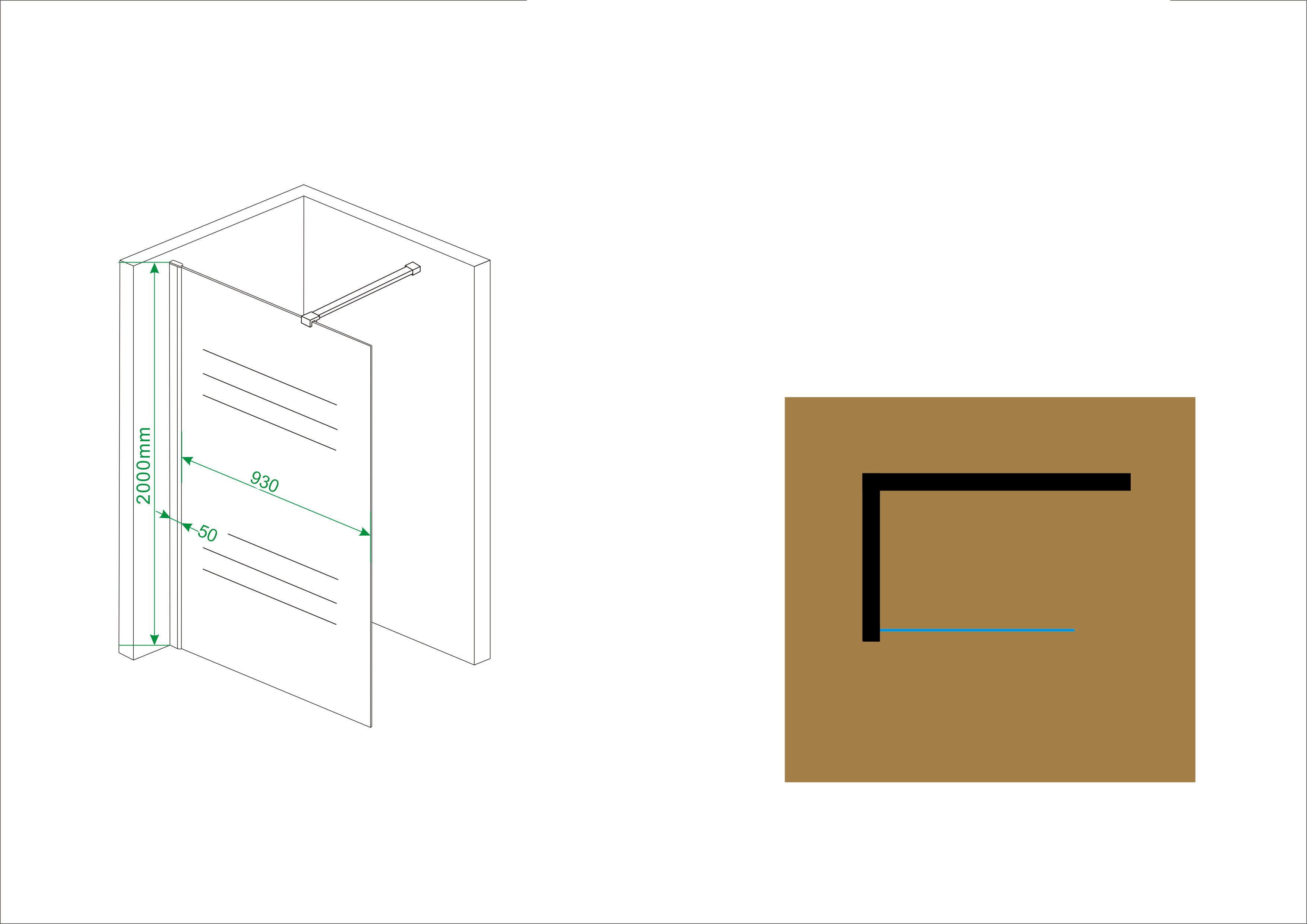 Maattekening Wiesbaden Graffic inloopdouche 1000 x 2000 x 10 mm nano safety glass folie helder glas/chroom