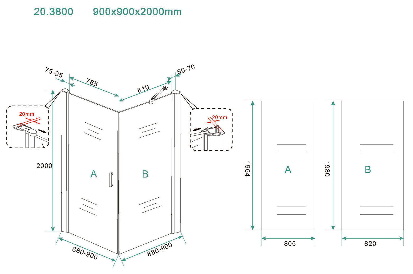 Maattekening Wiesbaden Salone cabine met 1 draaideur 900 x 900 x 2000 x 8 mm nano helder glas/mat zwart