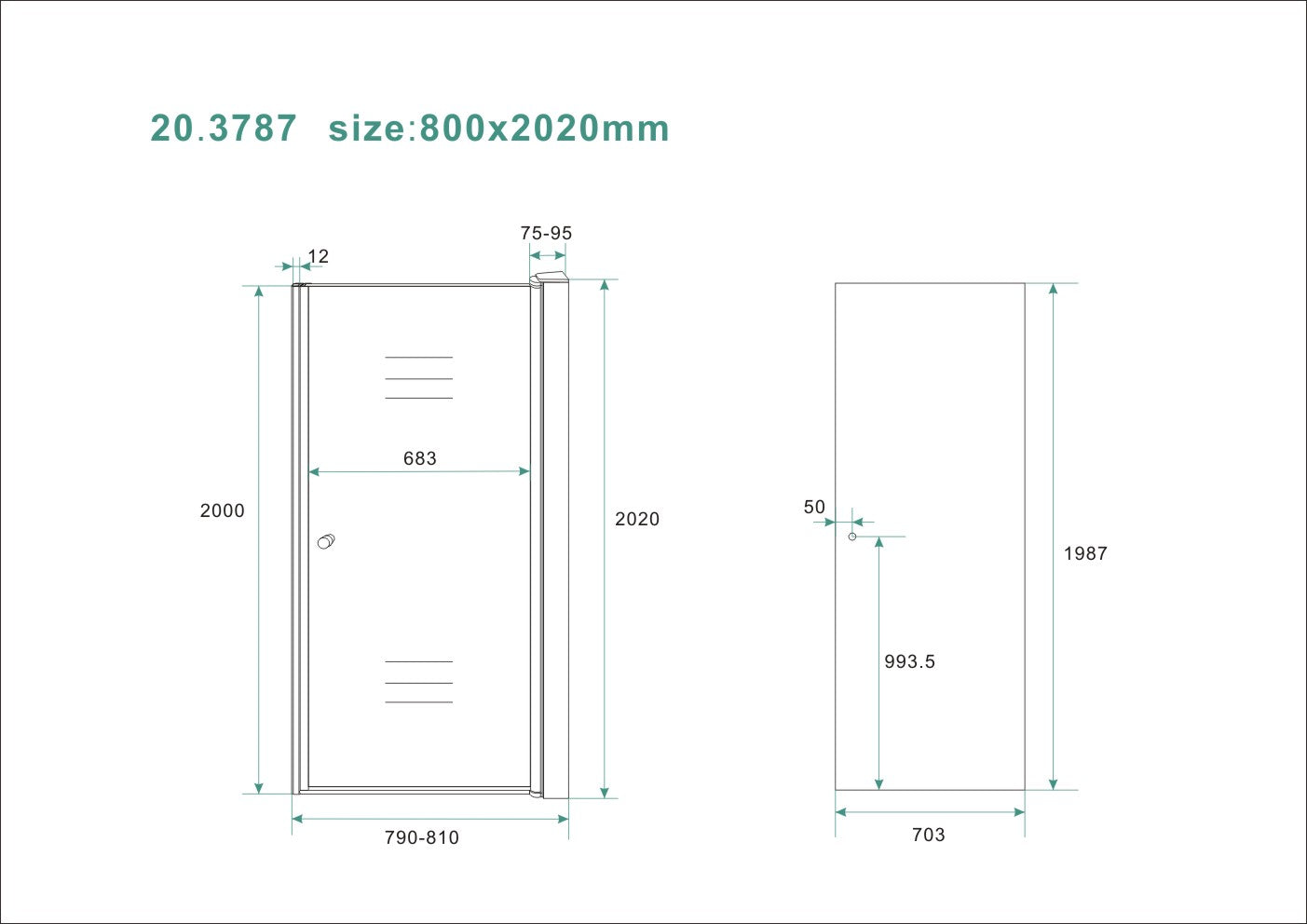 Maattekening Wiesbaden Between nisdeur 800 x 2000 x 8 mm nano rookglas/chroom