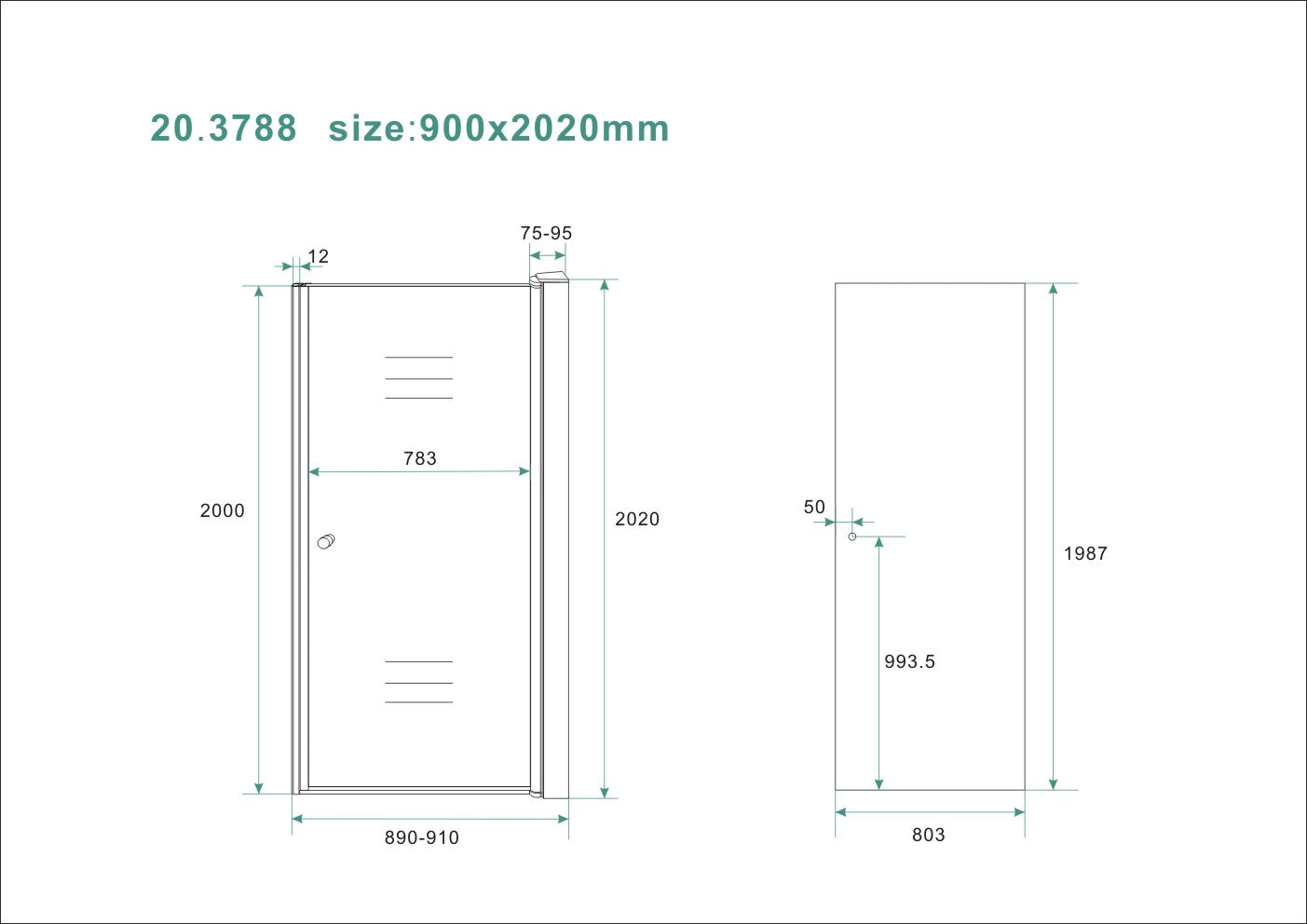 Maattekening Wiesbaden Between nisdeur 900 x 2000 x 8 mm nano rookglas/chroom