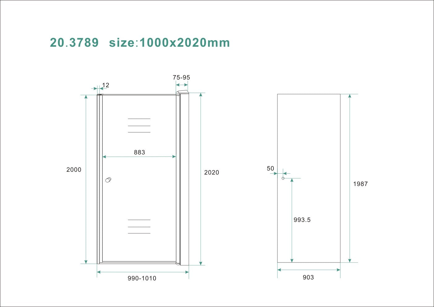 Maattekening Wiesbaden Between nisdeur 1000 x 2000 x 8 mm nano rookglas/chroom
