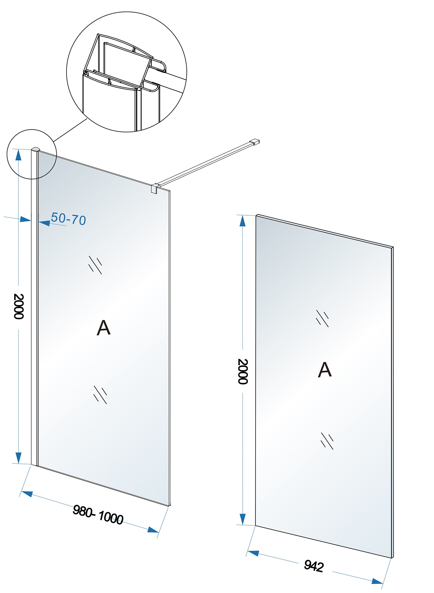 Maattekening Wiesbaden Comfort inloopdouche 1000 x 2000 x 10 mm nano helder glas/chroom