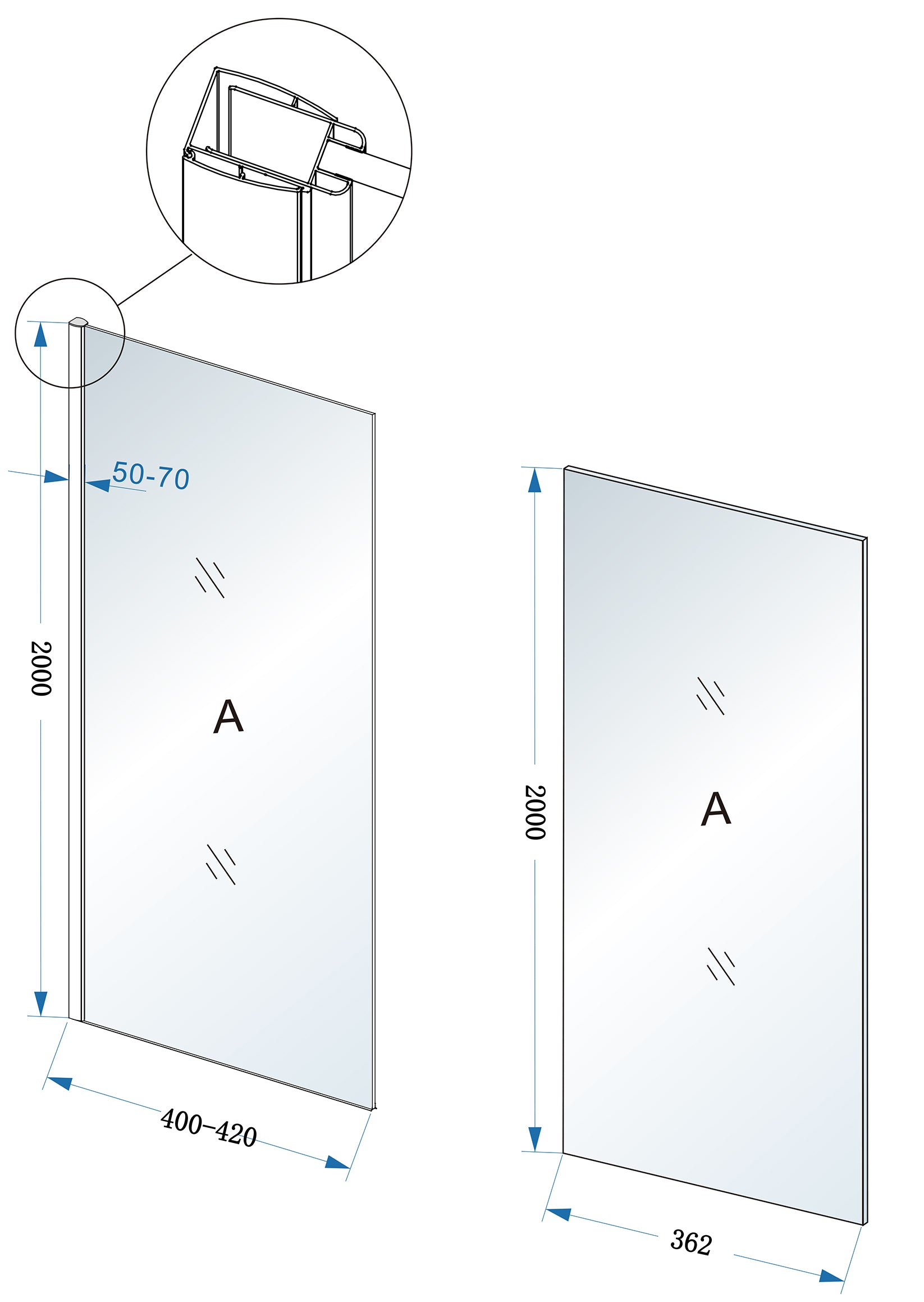 Maattekening Wiesbaden Comfort zijwand met muurprofiel 400 x 2000 x 10 mm nano helder glas/chroom