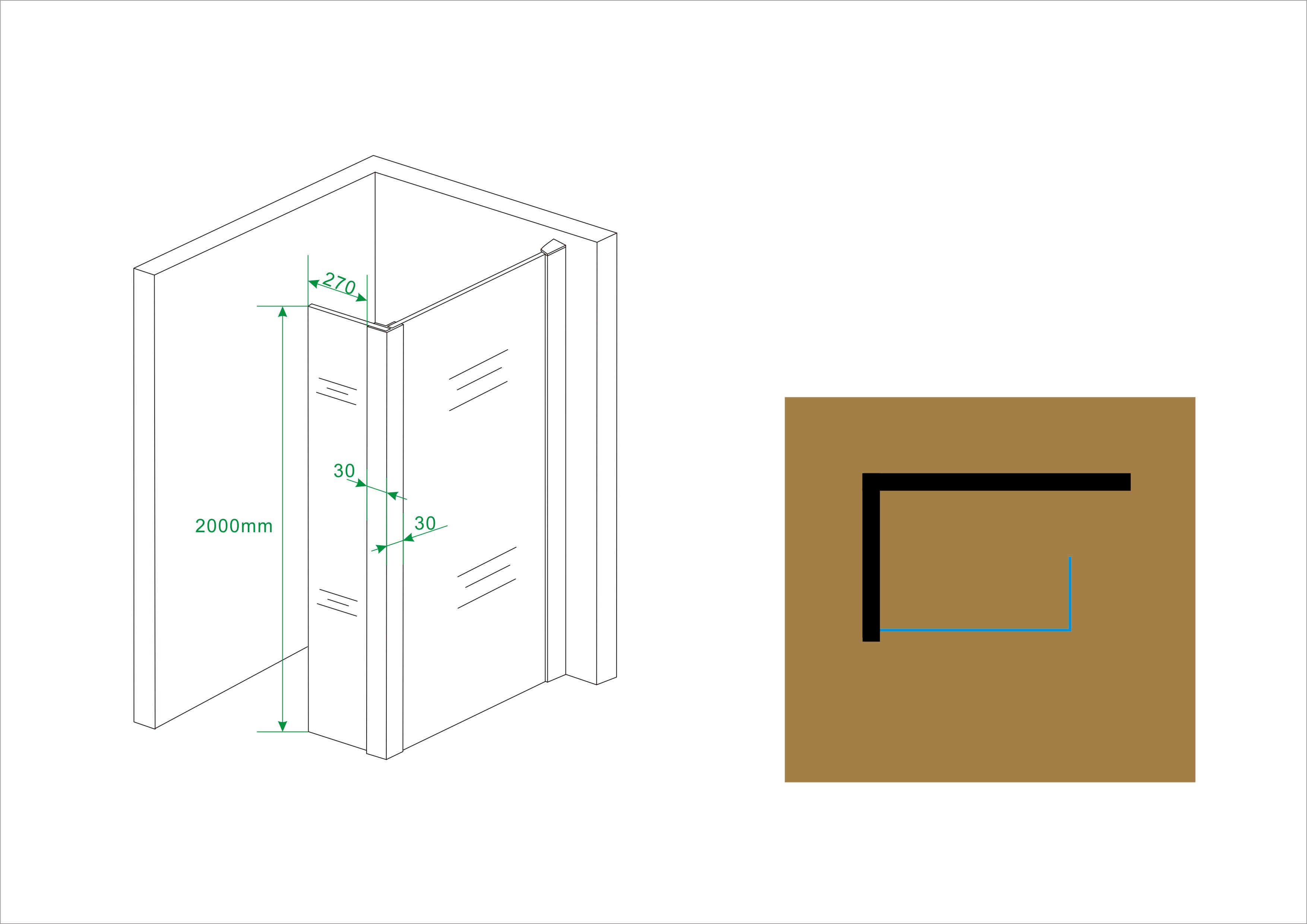 Maattekening Wiesbaden Comfort zijwand met hoekprofiel 300 x 2000 x 10 mm nano helder glas/chroom