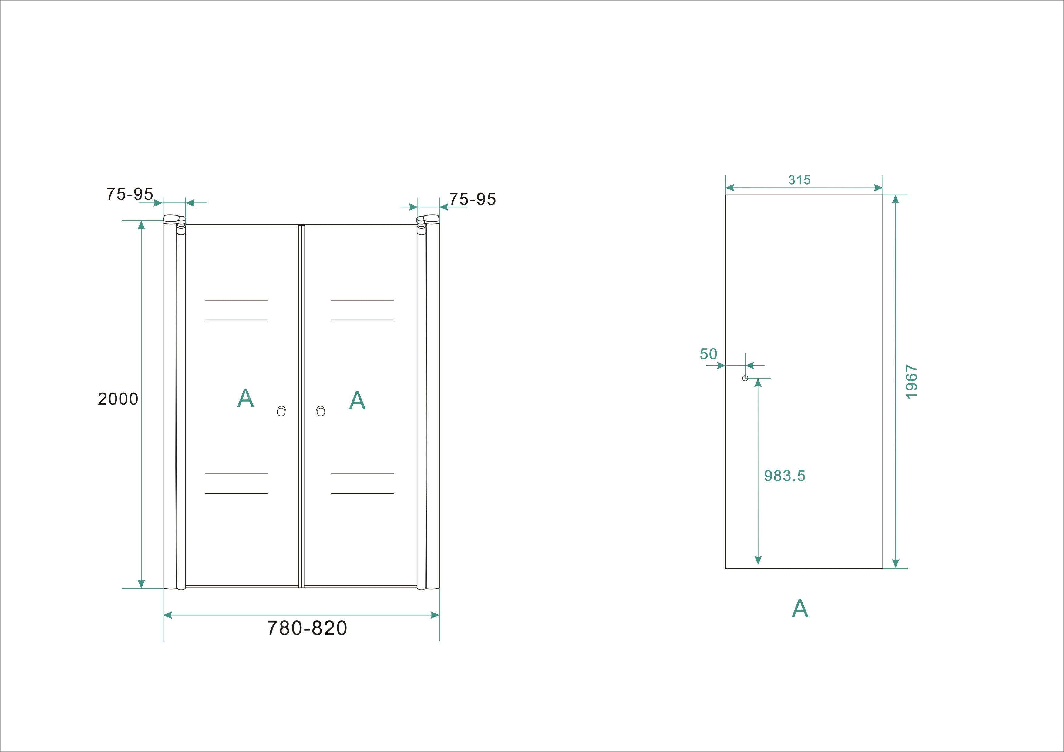 Maattekening Wiesbaden Lagos pendeldeur in nis 800 x 2000 x 6 mm nano helder glas/chroom