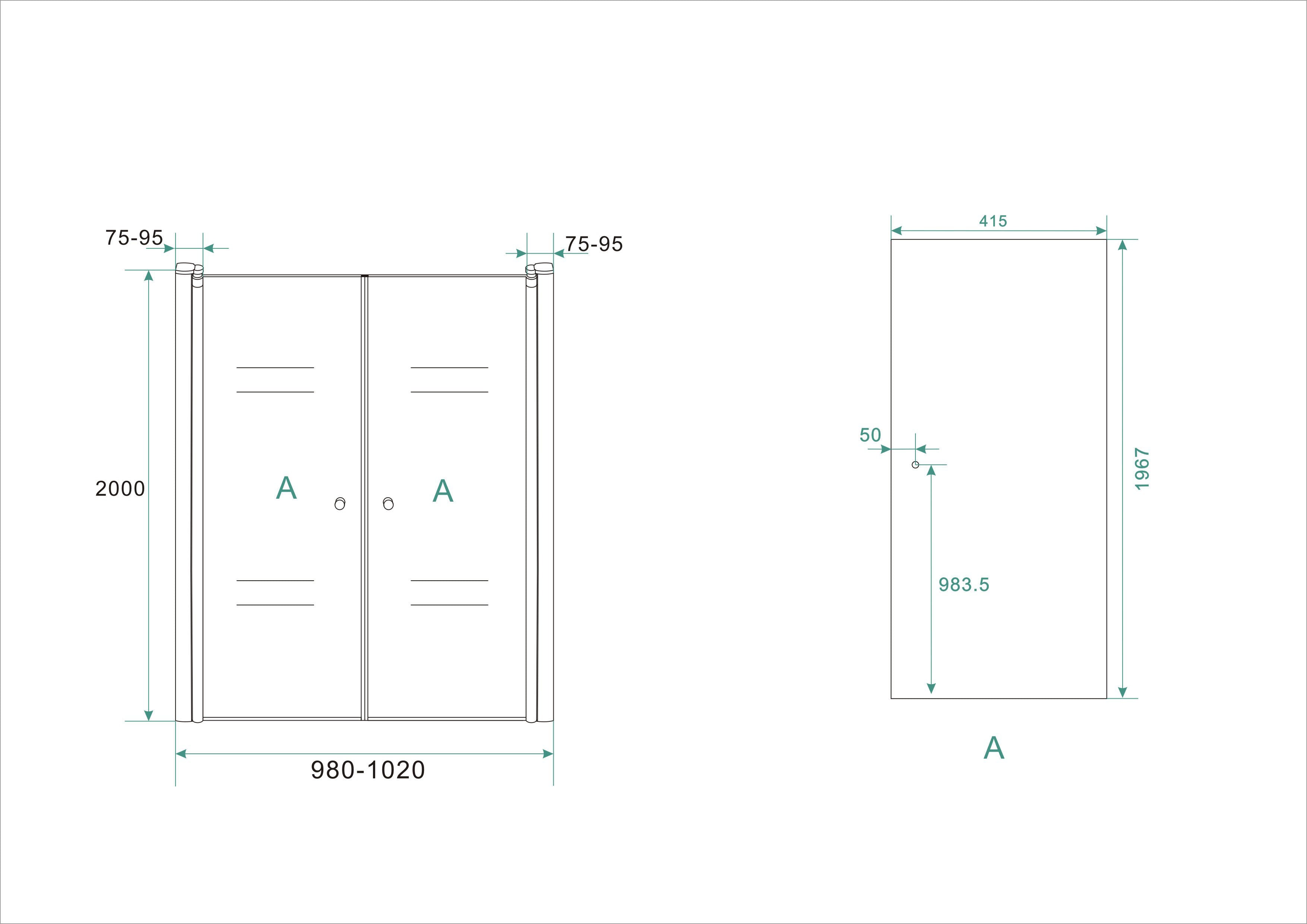 Maattekening Wiesbaden Lagos pendeldeur in nis 1000 x 2000 x 6 mm nano helder glas/chroom