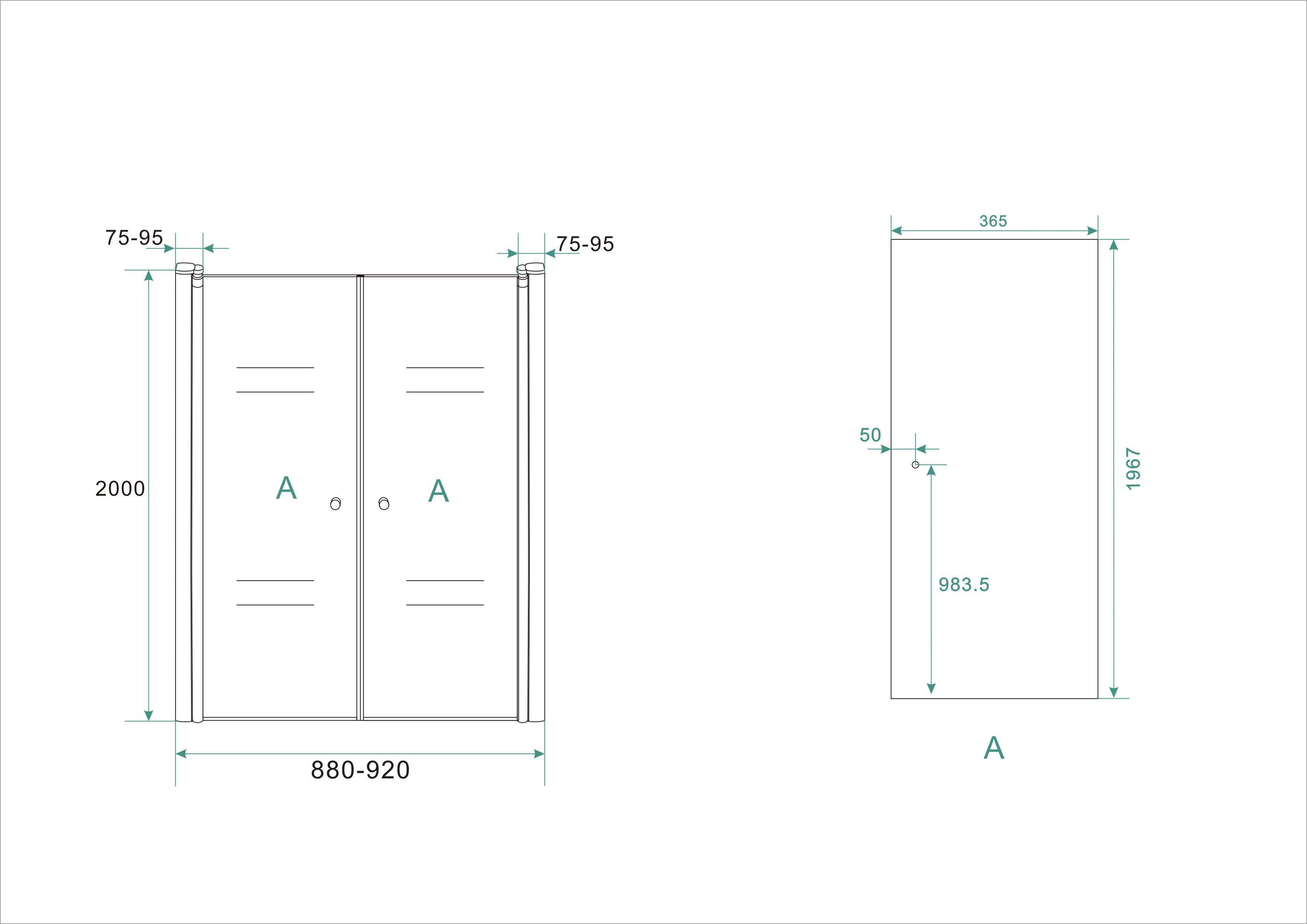 Maattekening Wiesbaden Lagos pendeldeur in nis 900 x 2000 x 6 mm nano helder glas/chroom