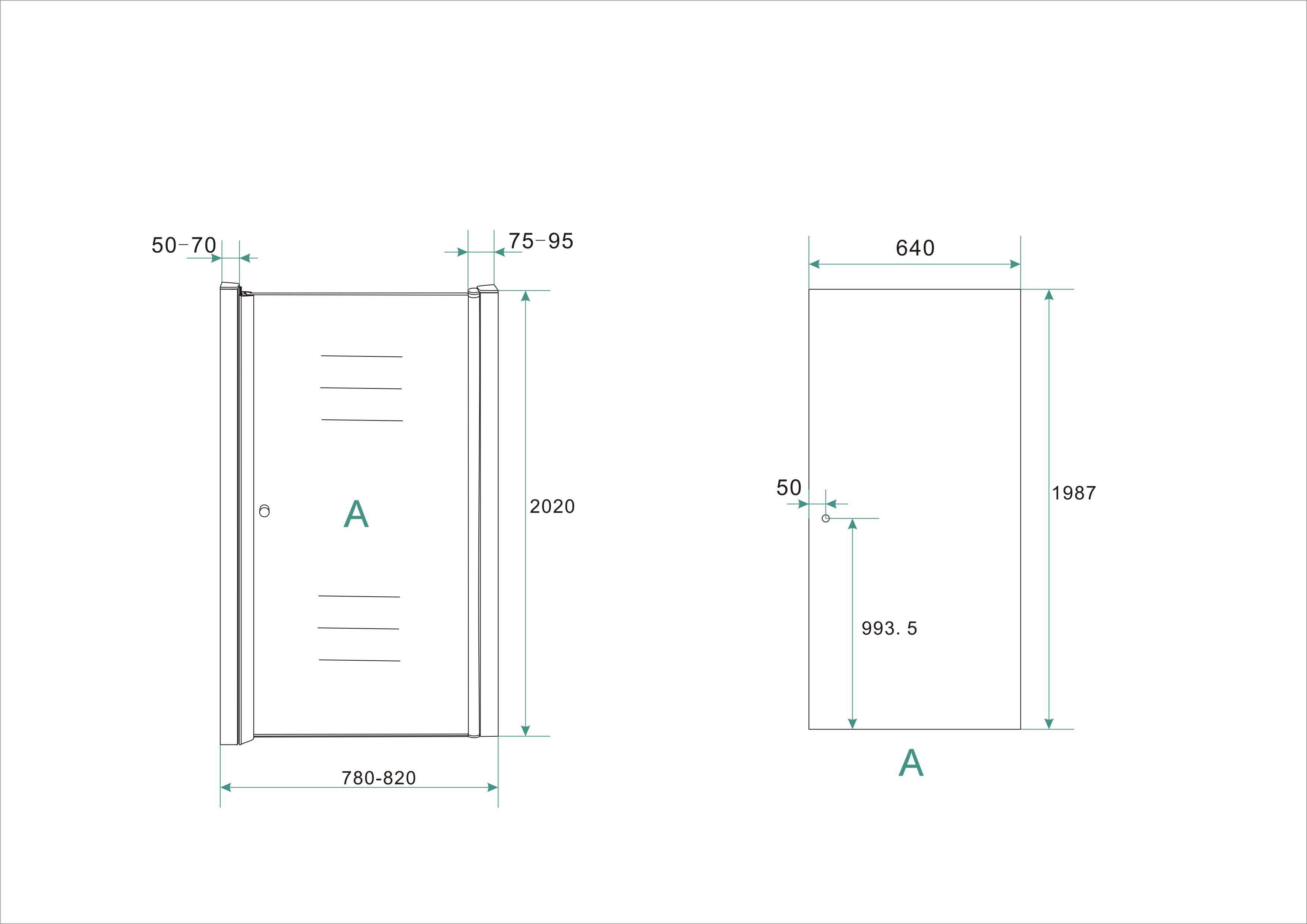 Maattekening Wiesbaden Between nisdeur 800 x 2000 x 8 mm nano helder glas/chroom