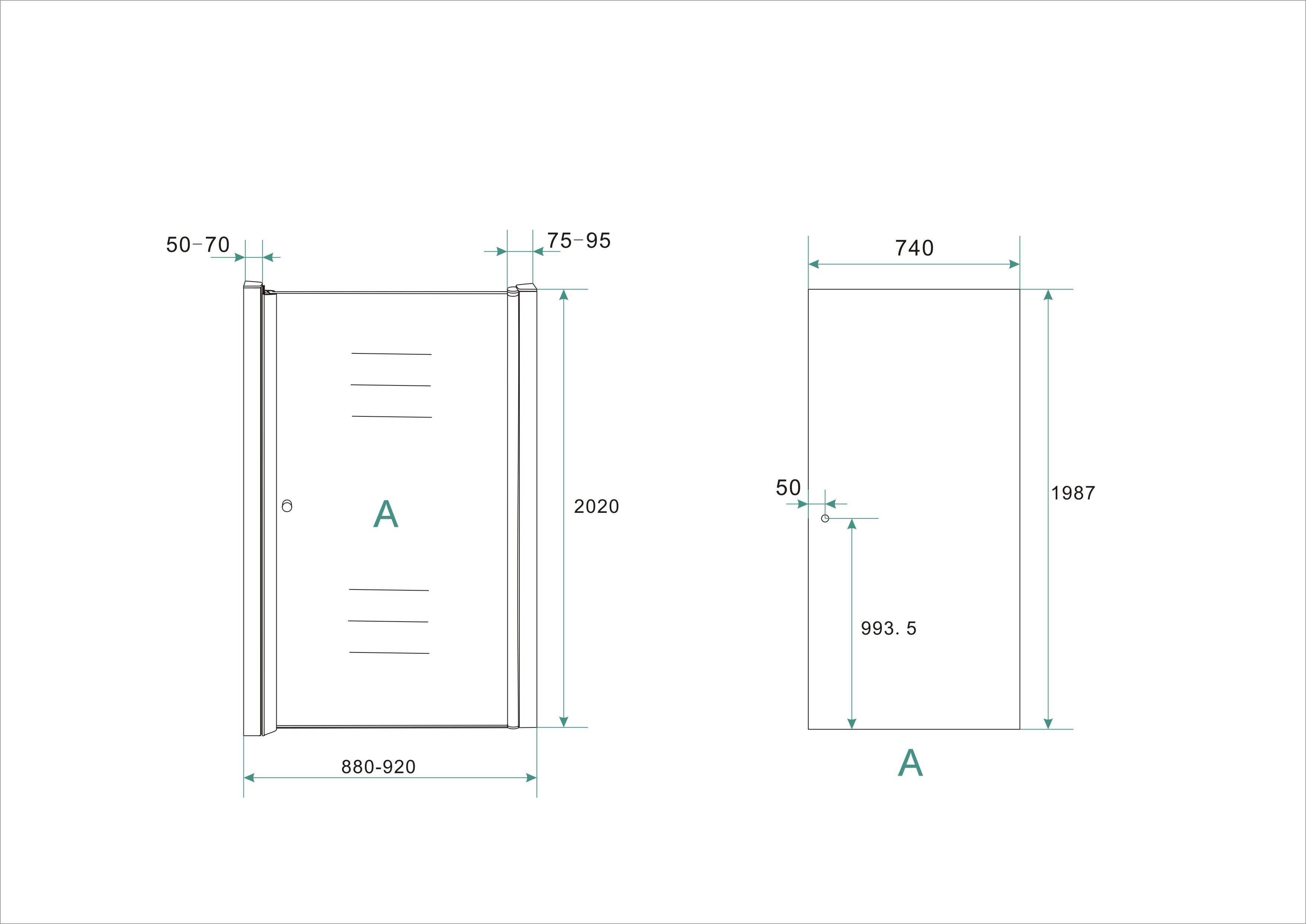 Maattekening Wiesbaden Between nisdeur 900 x 2000 x 8 mm nano helder glas/chroom