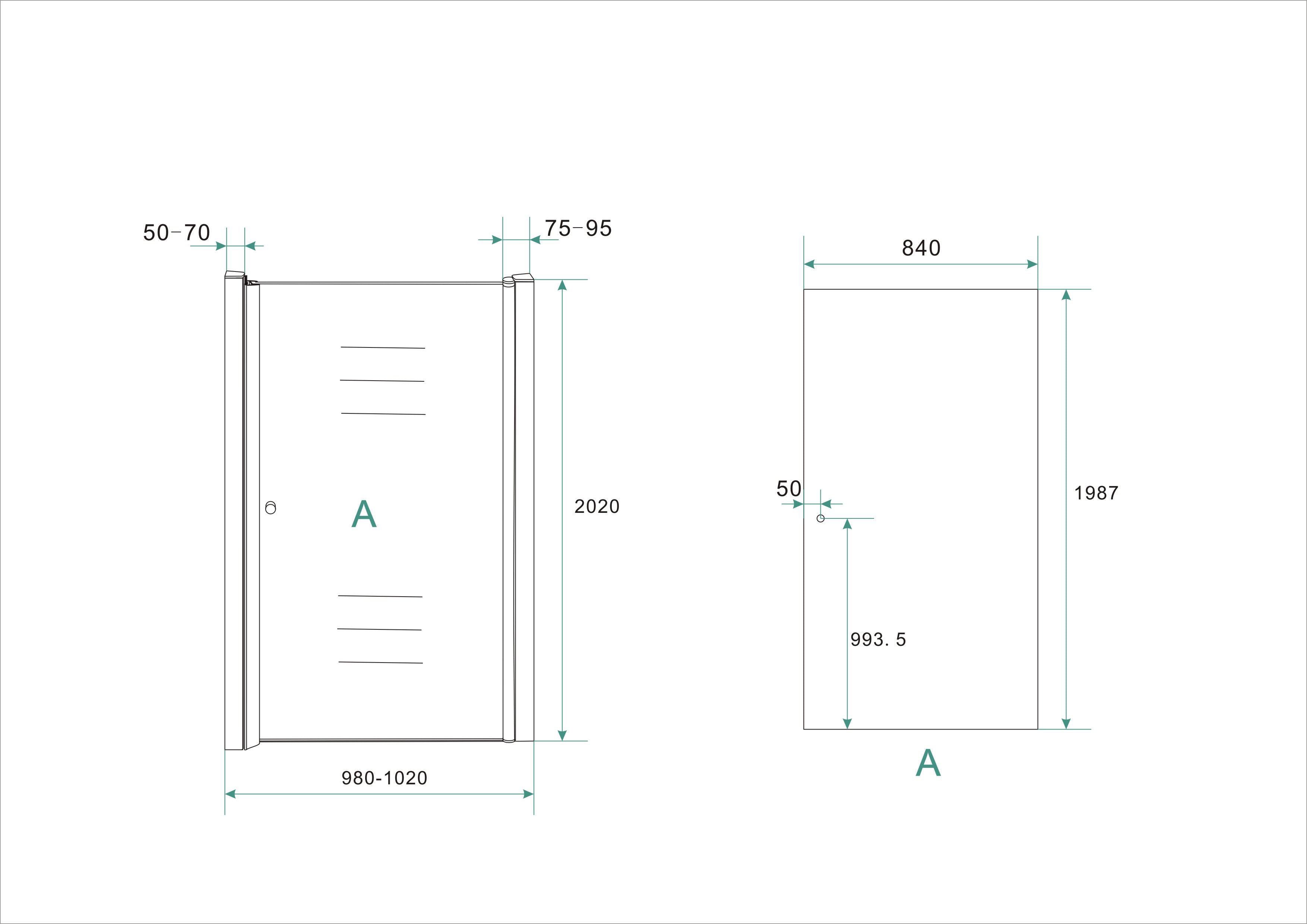 Maattekening Wiesbaden Between nisdeur 1000 x 2000 x 8 mm nano helder glas/chroom