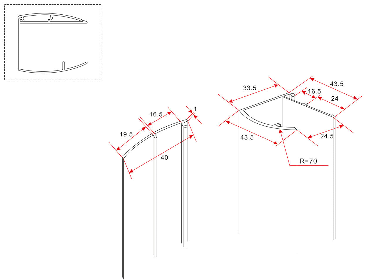 Maattekening Wiesbaden Muurprofiel type 1 200 cm chroom