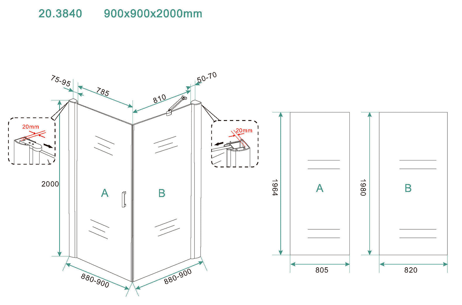 Maattekening Wiesbaden Salone cabine met 1 draaideur 900 x 900 x 2000 x 8 mm nano helder glas/chroom