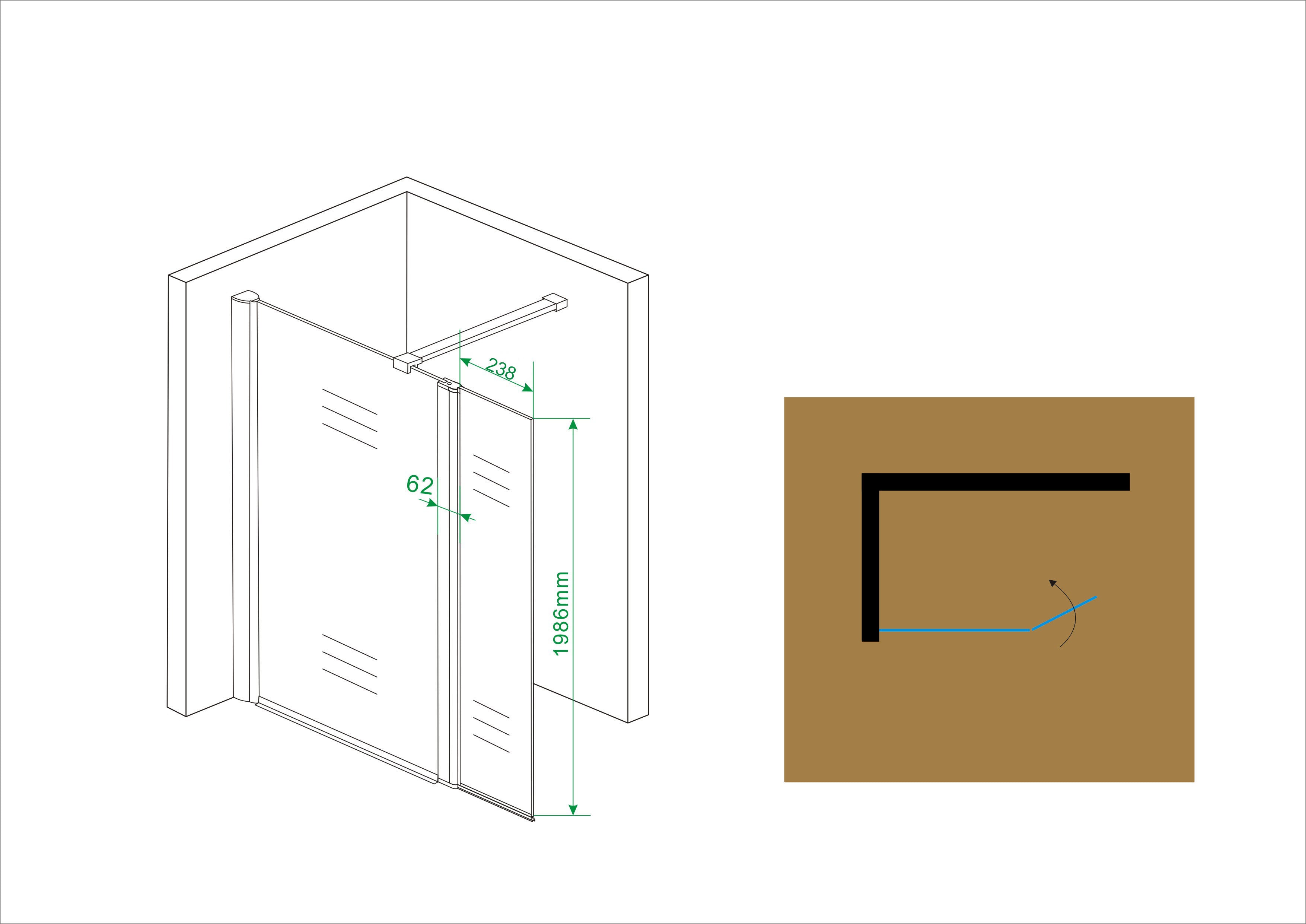 Maattekening Wiesbaden Comfort zijwand draaibaar 300 x 2000 x 10 mm nano helder glas/chroom