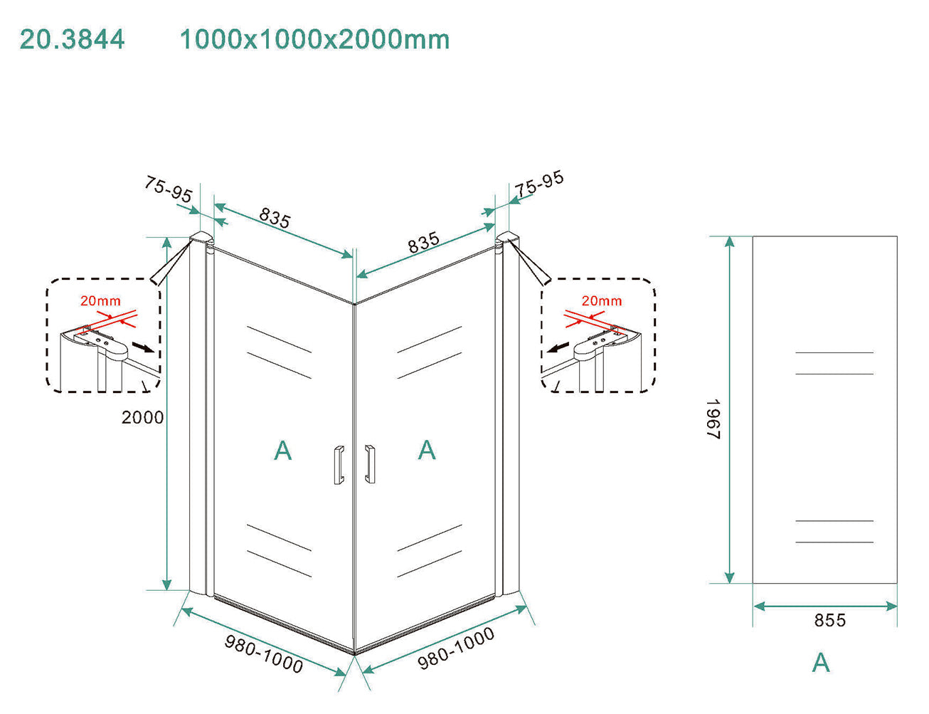 Maattekening Wiesbaden Salone cabine met 2 draaideuren 1000 x 1000 x 2000 x 8 mm nano helder glas/chroom