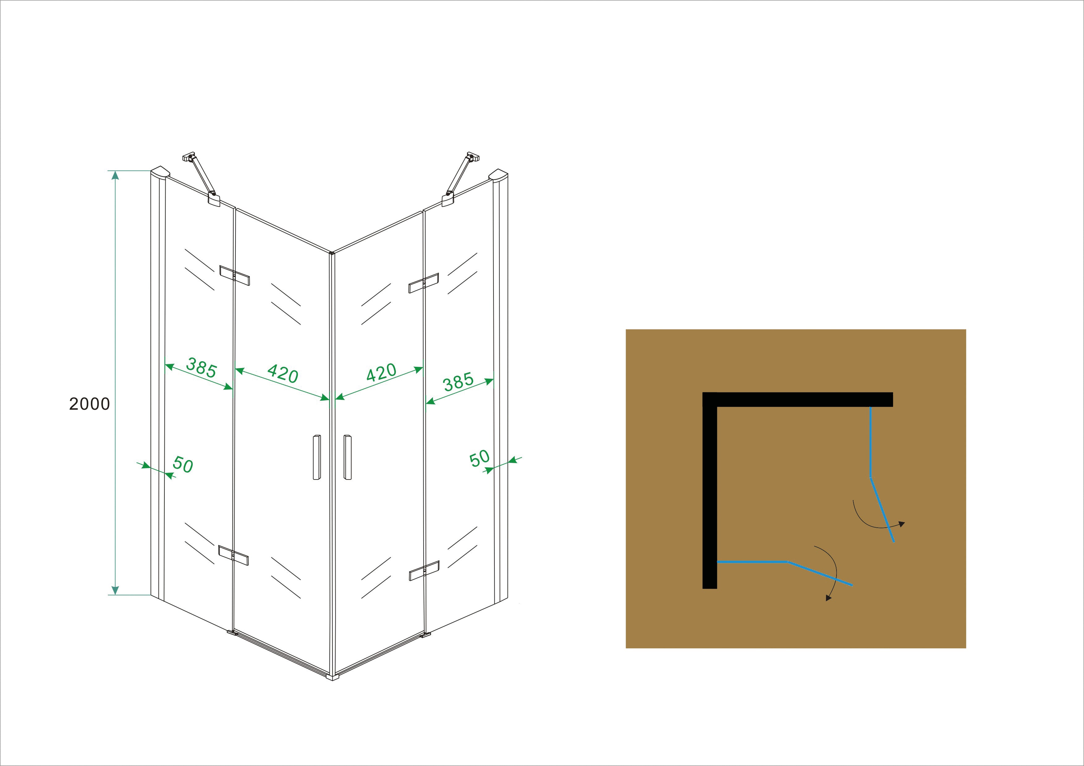 Maattekening Wiesbaden Double hoekinstap cabine met 2 draaideuren 900 x 900 x 2000 x 8 mm nano helder glas/chroom