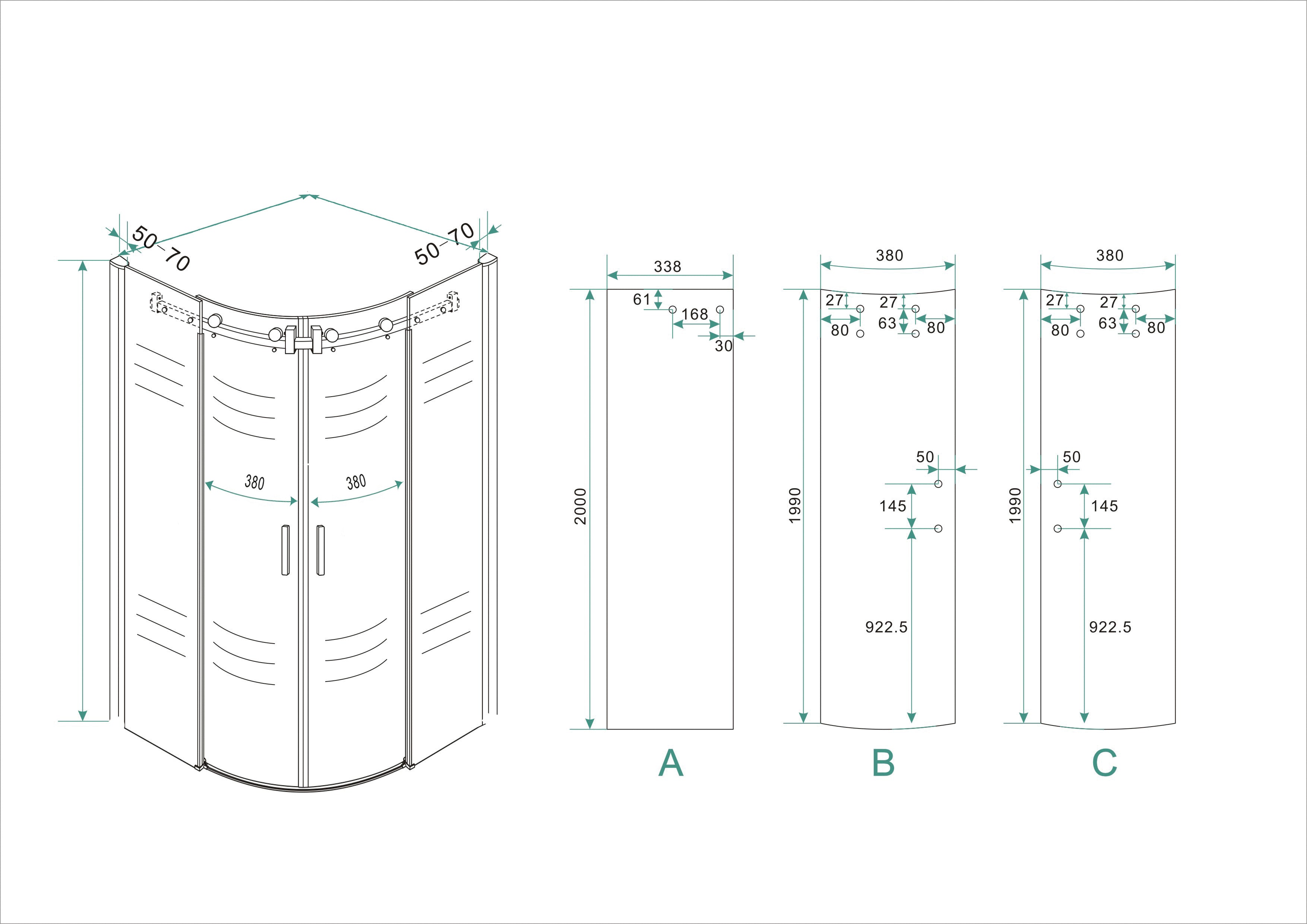 Maattekening Wiesbaden Entra cabine kwartrond met 2 schuifdeuren 900 x 900 x 2000 x 8 mm nano helder glas/chroom