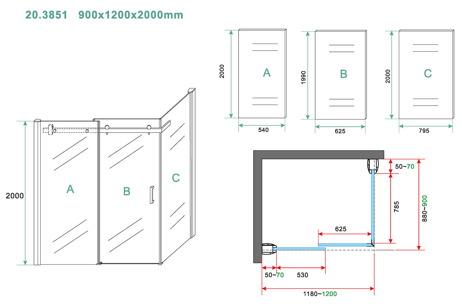 Maattekening Wiesbaden Pared cabine met 1 schuifdeur 1200 x 900 x 2000 x 8 mm nano helder glas/chroom