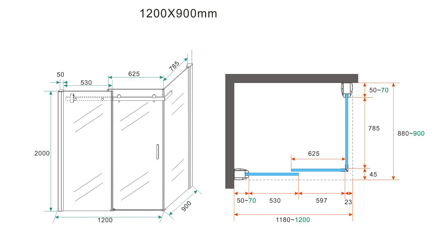 Maattekening Wiesbaden Pared cabine met 1 schuifdeur 1200 x 900 x 2000 x 8 mm nano helder glas/chroom