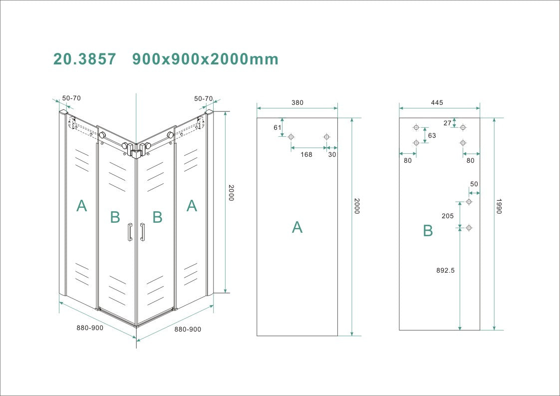 Maattekening Wiesbaden Entra hoekinstap cabine met 2 schuifdeuren 900 x 900 x 2000 x 8 mm nano helder glas/chroom