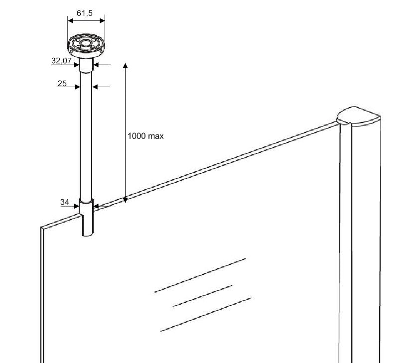 Maattekening Wiesbaden Stabilisatiestang met plafondbevestiging inkortbaar rond 100 cm chroom
