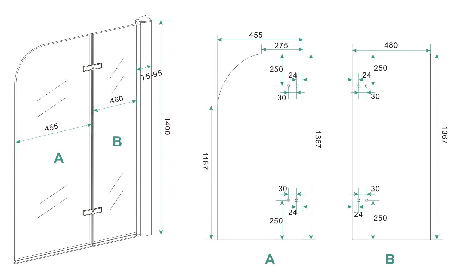 Cinco badwand draaibaar 1000 x 1400 x 6 mm nano helder glas/chroom - maattekening