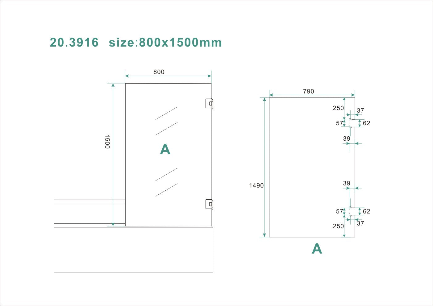 Maattekening Wiesbaden Less badwand draaibaar 800 x 1500 x 6 mm nano helder glas/chroom