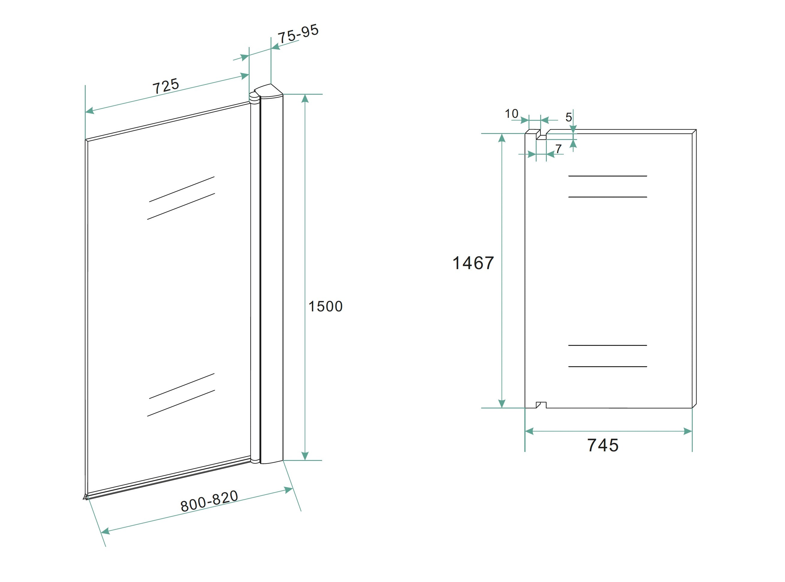 Maattekening Wiesbaden Orbit badwand draaibaar 800 x 1500 x 6 mm nano helder glas/mat zwart