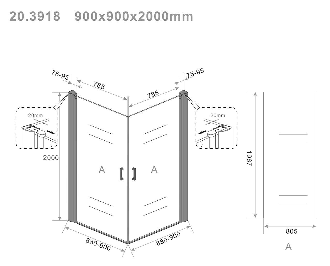 Maattekening Wiesbaden Salone cabine met 2 draaideuren 900 x 900 x 2000 x 8 mm nano helder glas/mat zwart
