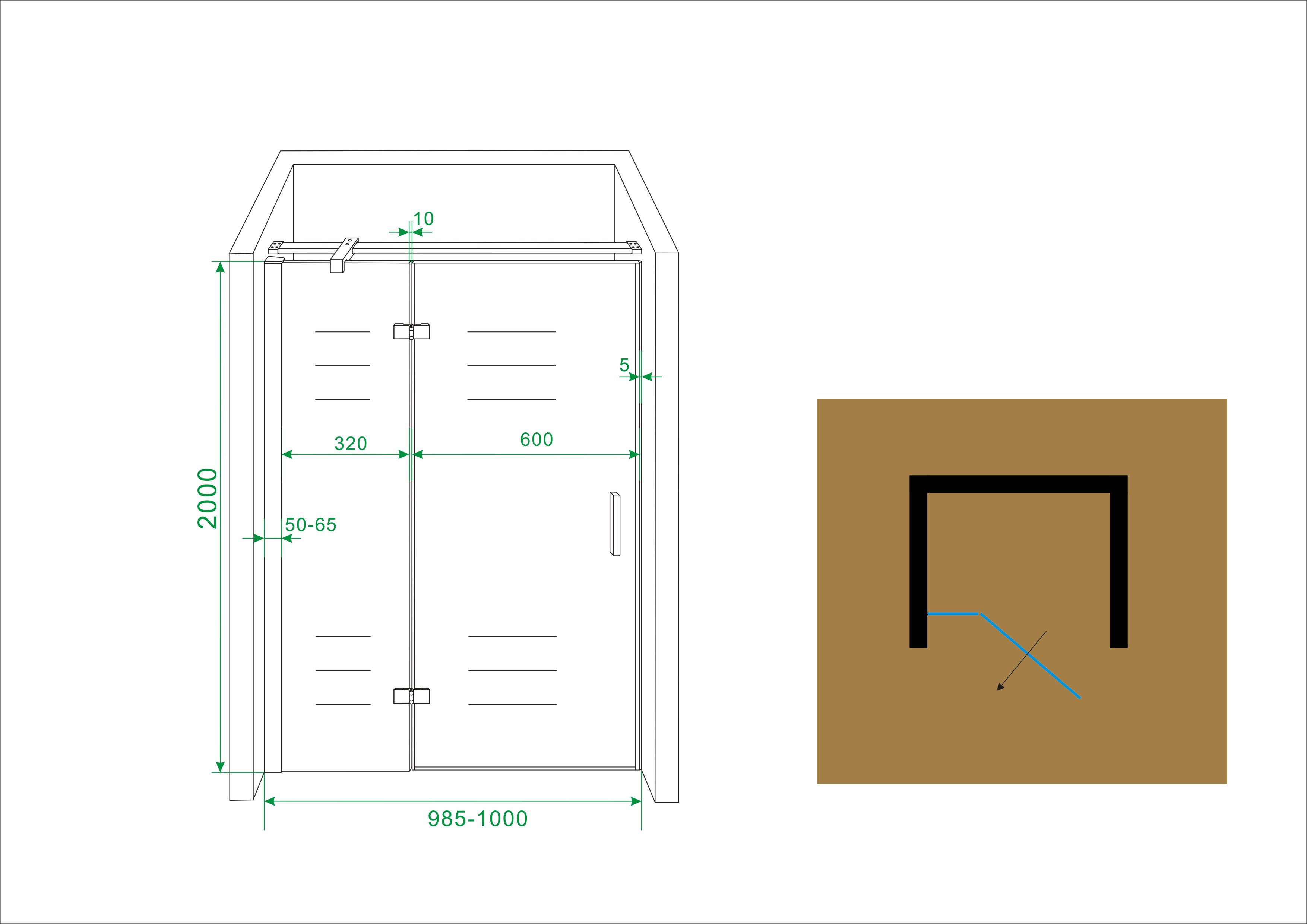 Maattekening Wiesbaden Vaz nisdeur met vast deel 1000 x 2000 x 8 mm nano helder glas/chroom