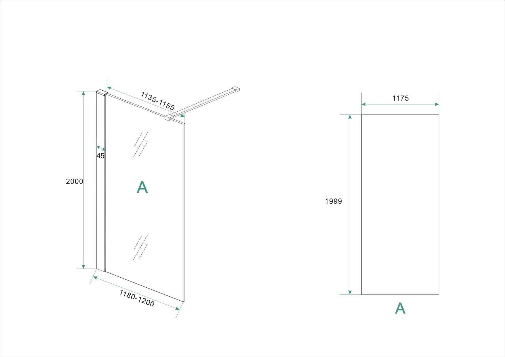 Maattekening Wiesbaden Hibera inloopdouche 1200 x 2000 x 10 mm nano helder glas/RVS