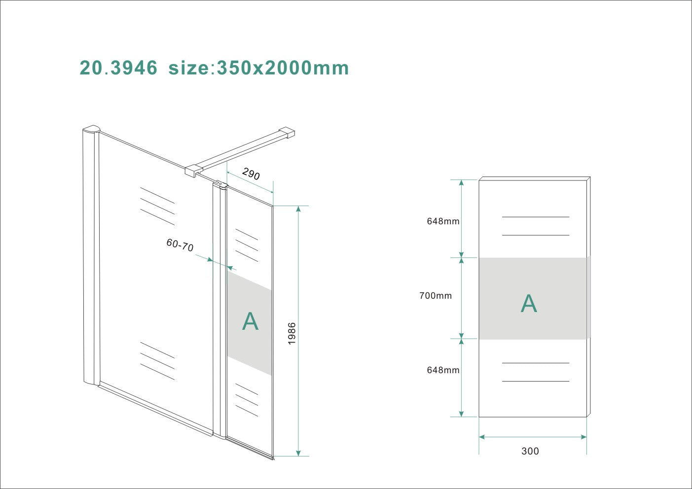 Comfort zijwand draaibaar links 350 x 2000 x 10 mm nano helder glas met melkglas middenband/chroom - maattekening