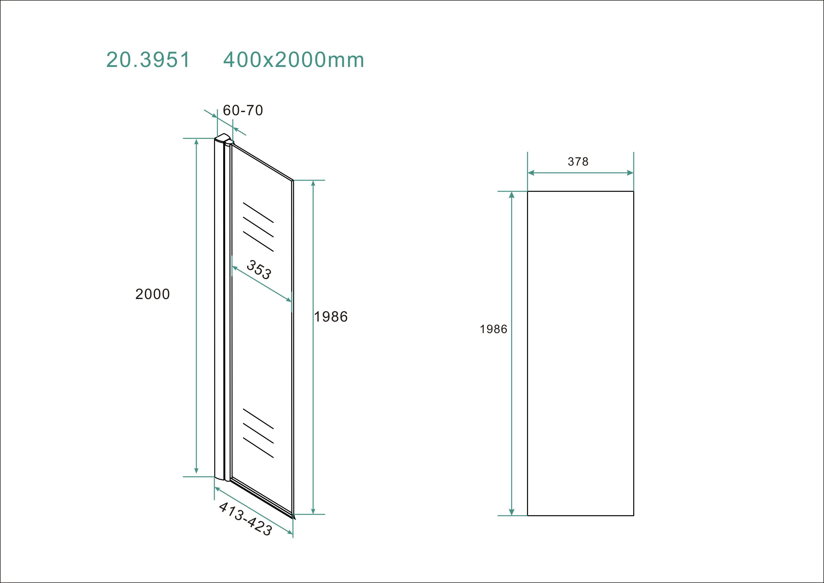 Maattekening Wiesbaden Comfort zijwand draaibaar met muurprofiel 400 x 2000 x 10 mm nano helder glas/chroom