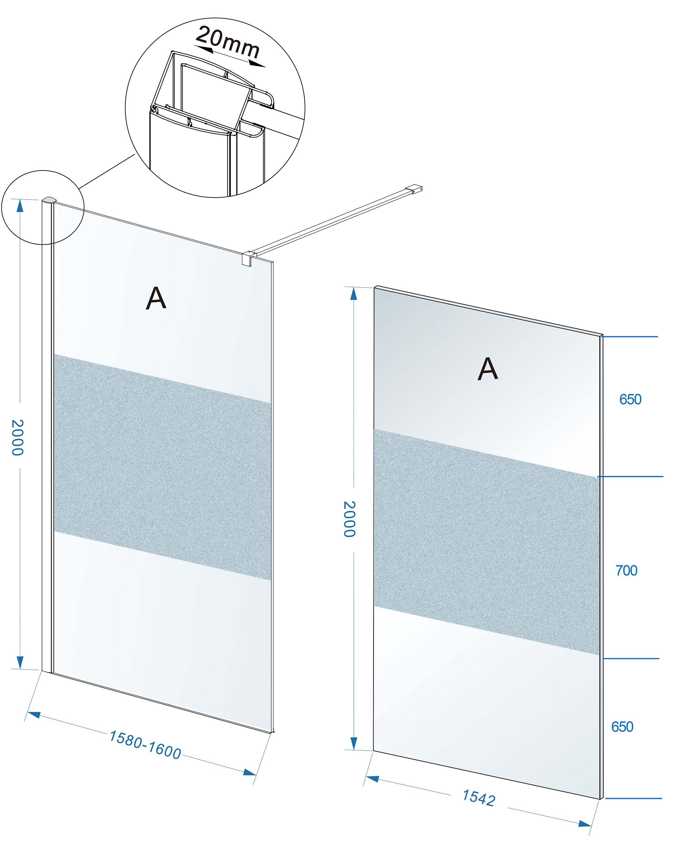 Maattekening Wiesbaden Comfort inloopdouche 1600 x 2000 x 8 mm nano helder glas met melkglas middenband/chroom