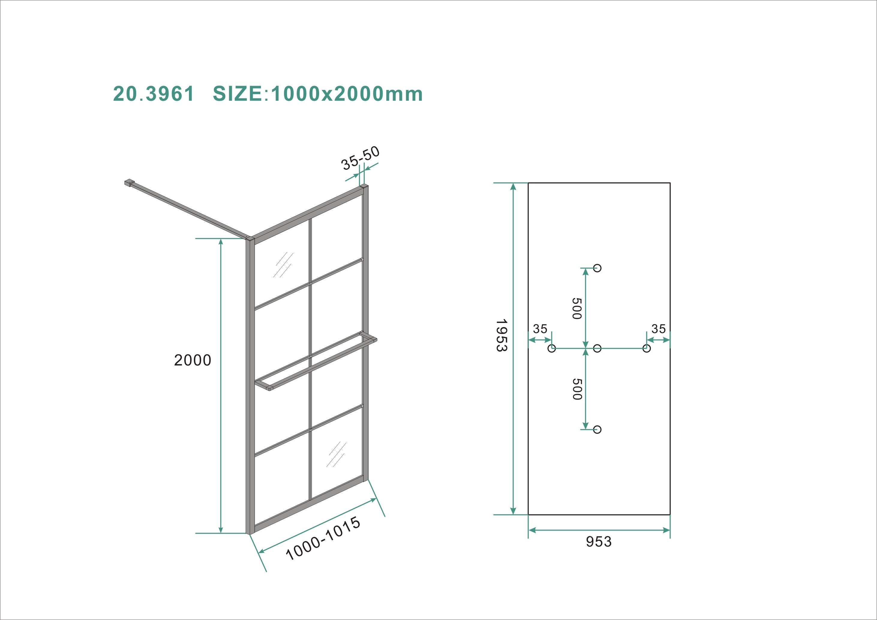 Maattekening Wiesbaden Maaz inloopdouche met raster en handdoekhouder 1000 x 2000 x 10 mm helder glas/mat zwart